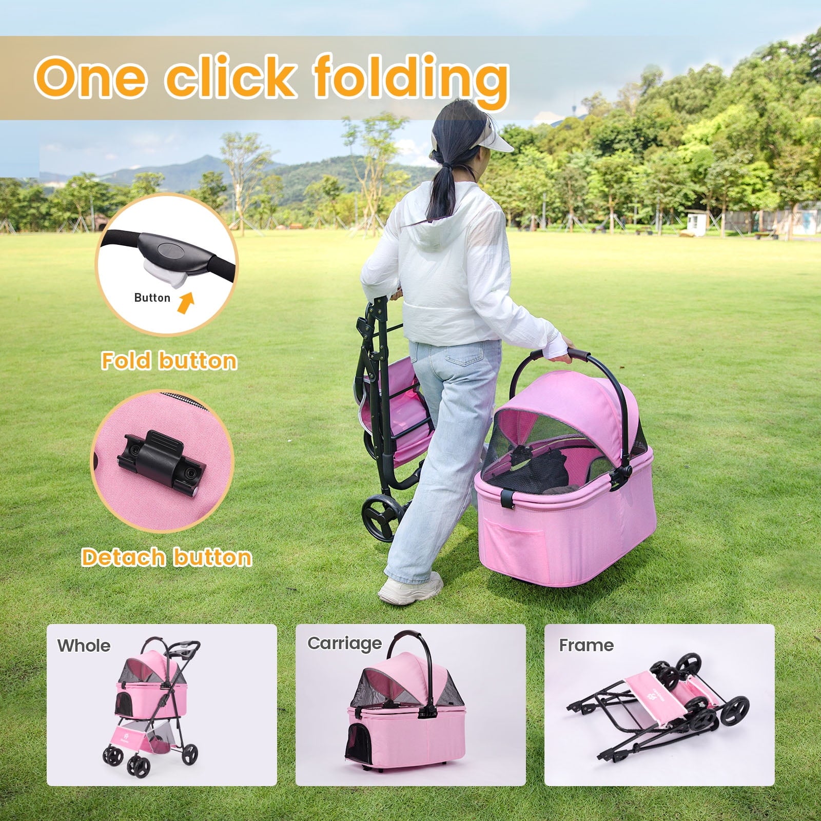 Wedyvko Pet Stroller with 4 Wheels, Foldable Pet Travel Carrier for Small/Medium Dogs Cats up to 50lbs, Detachble Portable Pet Bag, Storage Basket, Car Seat 3 in 1 Multifunctional,Pink