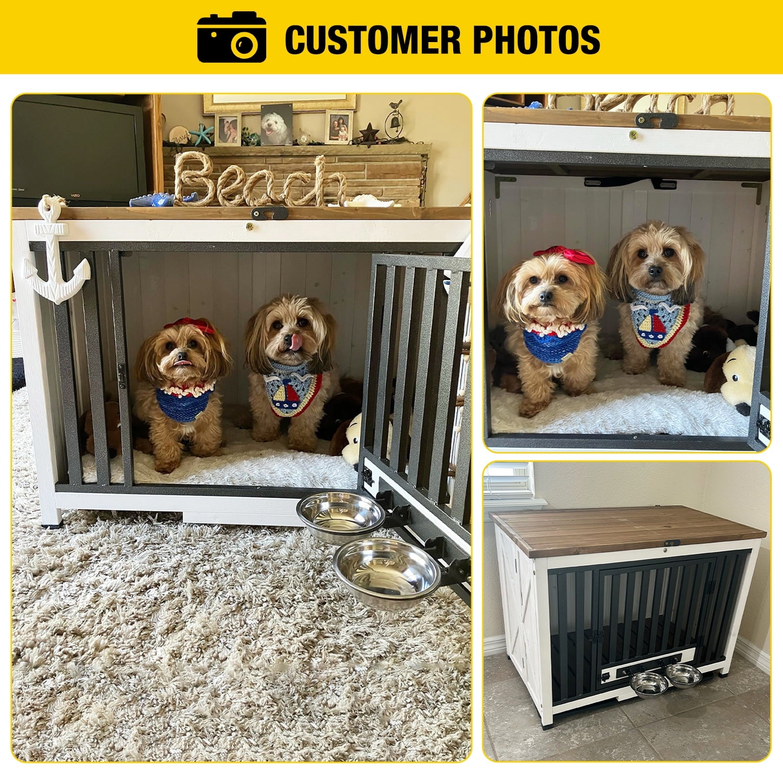 Aivituvin Folding Dog Crate Furniture Portable Metal Dog Kennel with Dog Bowls & Tray, Dog Crate for Small & Medium Dogs with Opening Roof