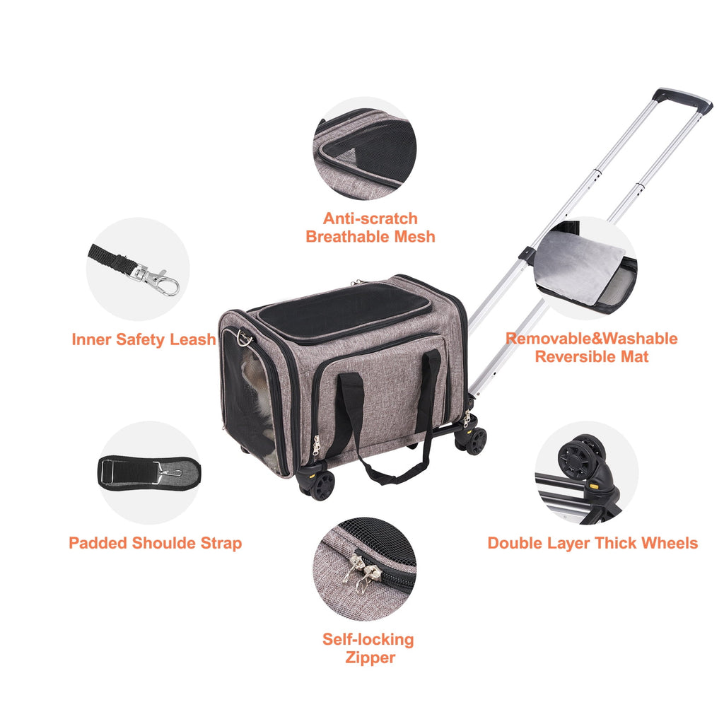 BENTISM Cat Carrier with Wheels Airline Approved Rolling Pet Carrier 25 lbs Grey for Cat Dog Small Medium Animals Kitten Puppy