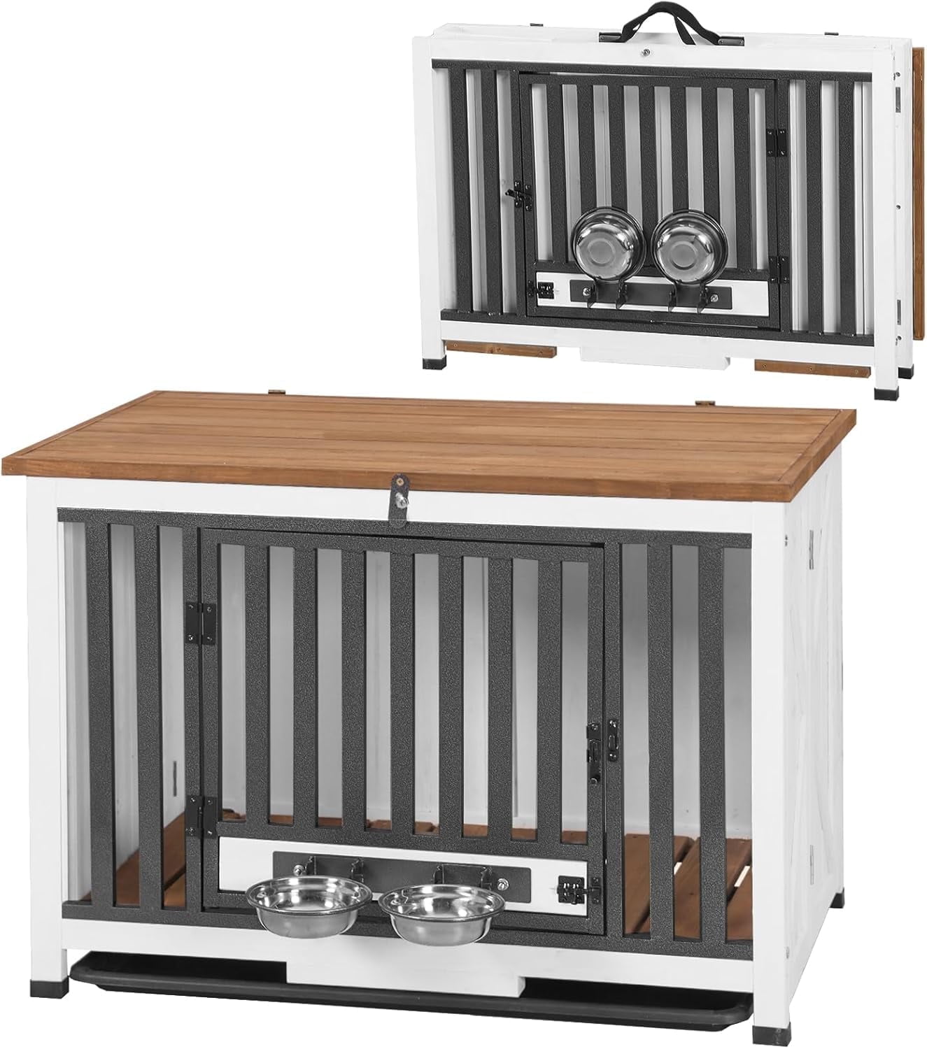 Aivituvin Folding Dog Crate Furniture Portable Metal Dog Kennel with Dog Bowls & Tray, Dog Crate for Small & Medium Dogs with Opening Roof