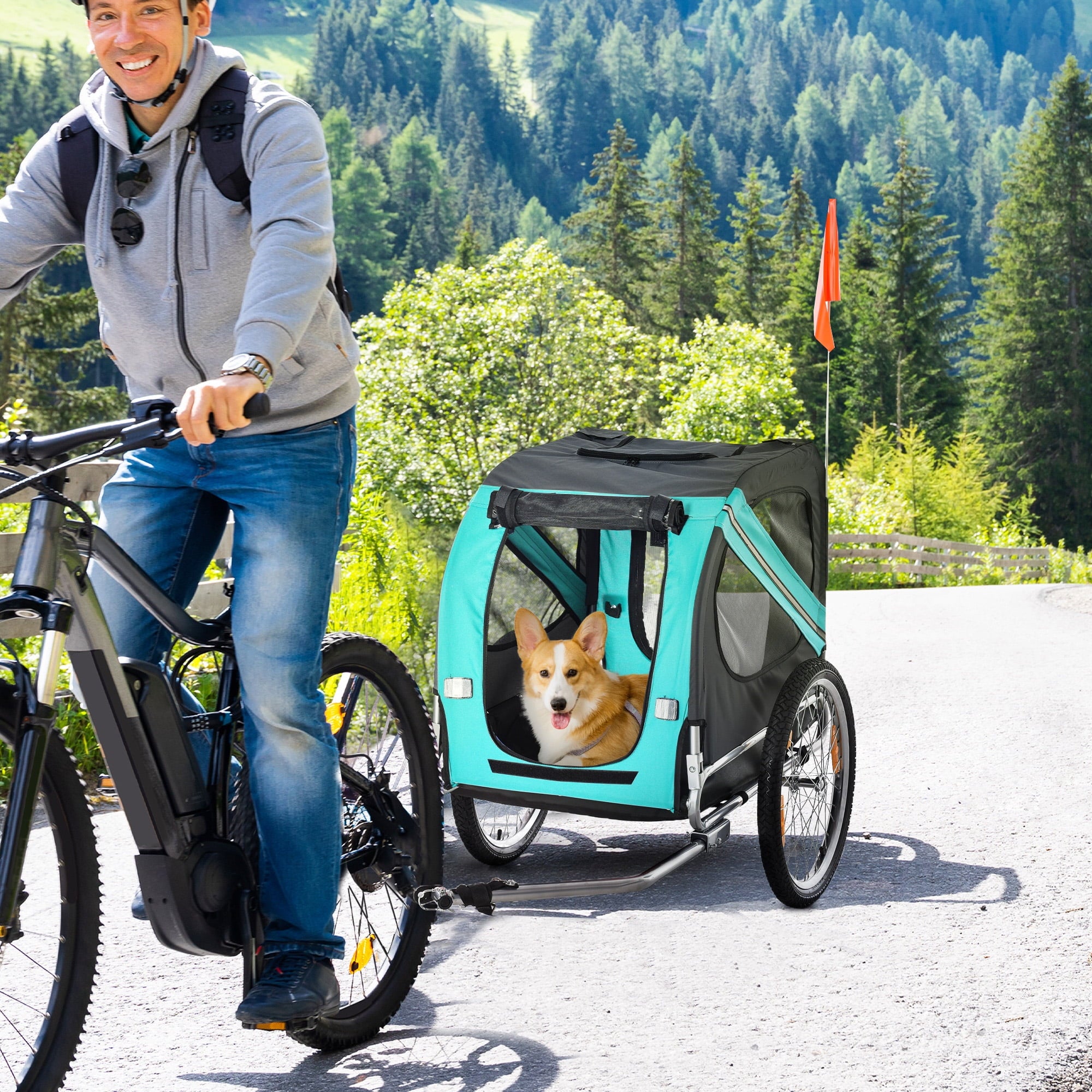 Aosom Dog Bike Trailer Pet Cart Bicycle Wagon Cargo Carrier Attachment for Travel with 3 Entrances Large Wheels & Mesh Screen - Red/ Black