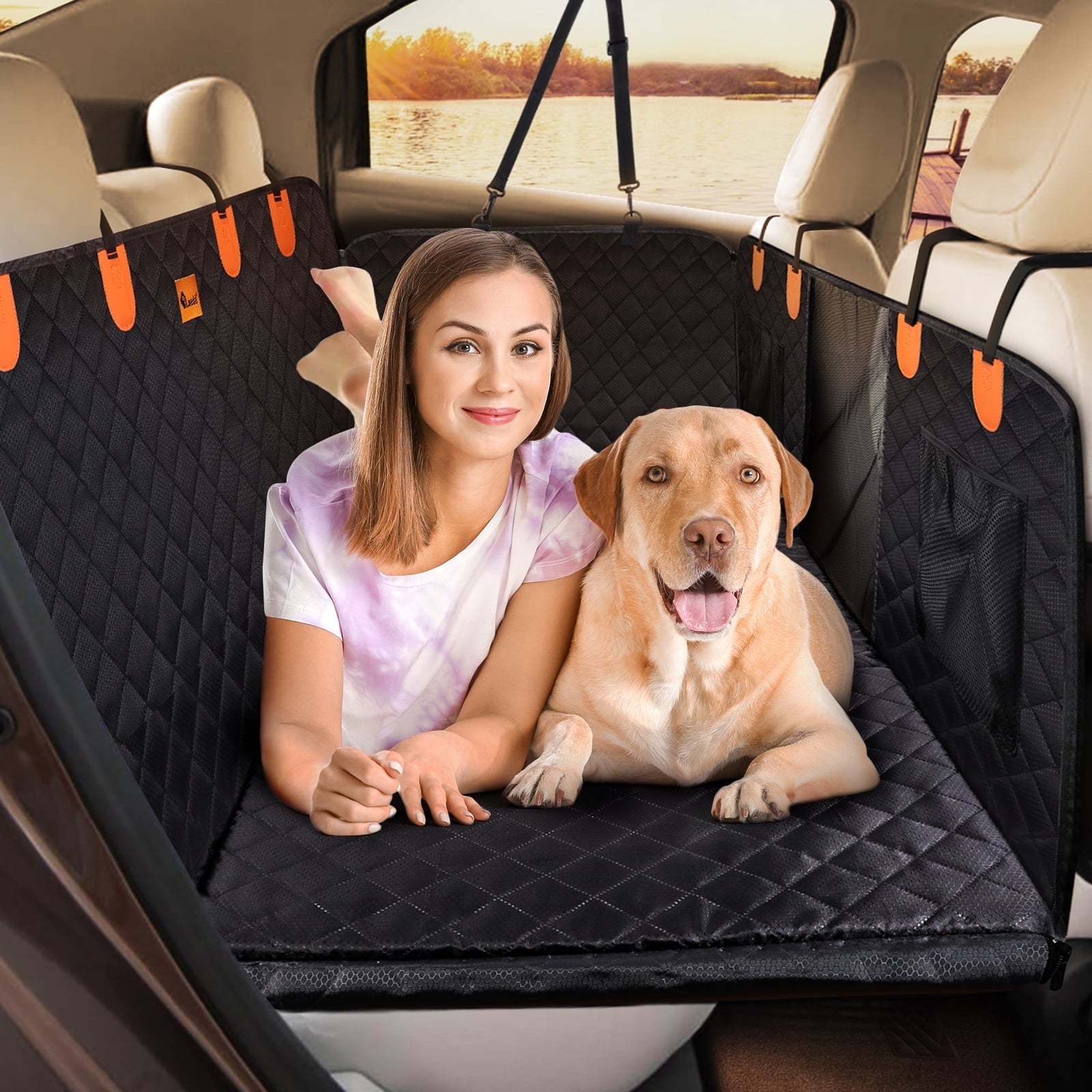 Dog Car Seat Large Size Dog with Hard Bottom,FurLove Waterproof Dog Hammock, Duty Scratch Proof Nonslip Durable with Mesh Window & Pocket, Covers for Cars Trucks, and SUVs, Gray