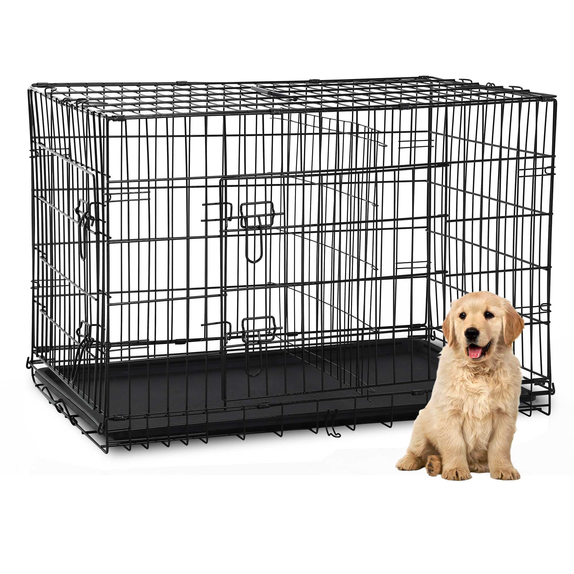 CL.HPAHKL Small Wire Dog Crate, Folding Metal Dog Kennel Double Door Dog Cage with Plastic Tray, Puppy Crate for Small Dog Indoor Outdoor Travel (Black, 24 inch)