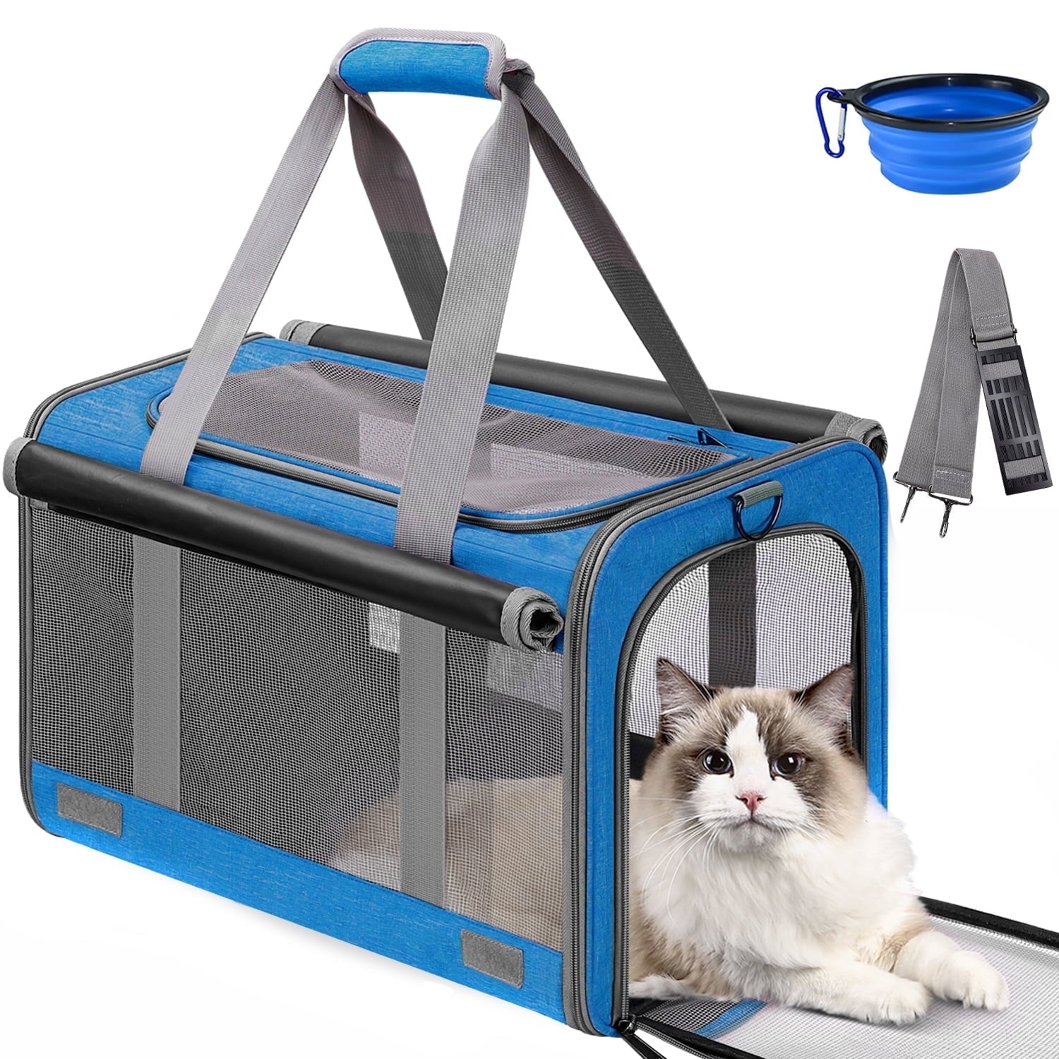 Cat Carrier, Cat Carriers for Large Cats up to 25LB, large Cat Carrier with a Bowl, Soft Sided Carrier with 2 Side Roller Blinds for Pet Cat Kitten Small Dog Puppies Airline Approved, Gray