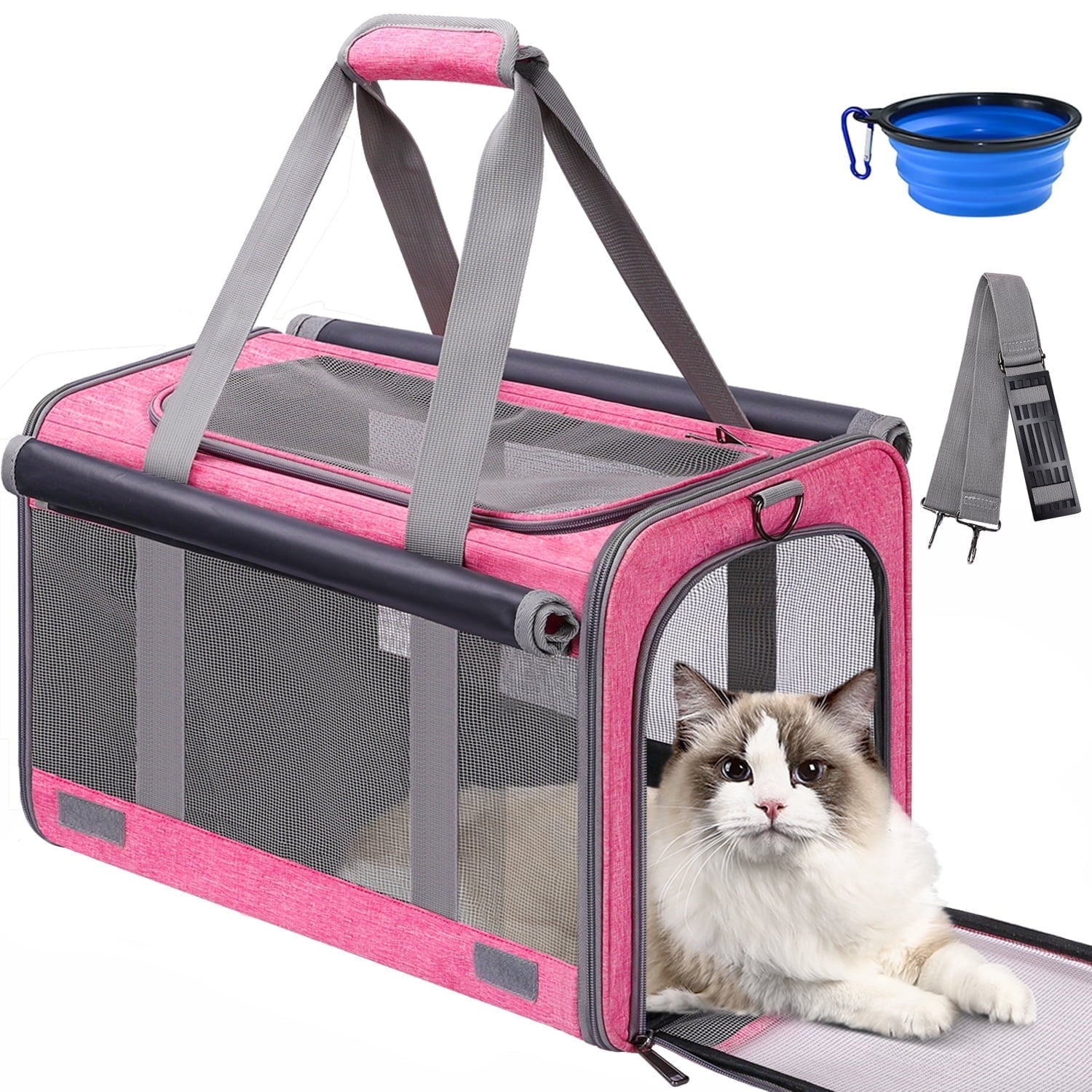 Cat Carrier, Cat Carriers for Large Cats up to 25LB, large Cat Carrier with a Bowl, Soft Sided Carrier with 2 Side Roller Blinds for Pet Cat Kitten Small Dog Puppies Airline Approved, Gray