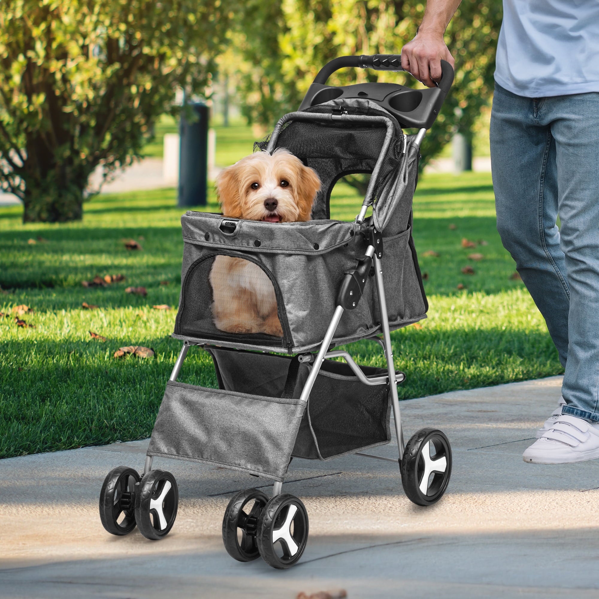 Dextrus 4-Wheel Foldable Dog Stroller with Storage Basket & 360° Rotating Wheels – Lightweight Pet Stroller for Small to Medium Dogs and Cats, Black