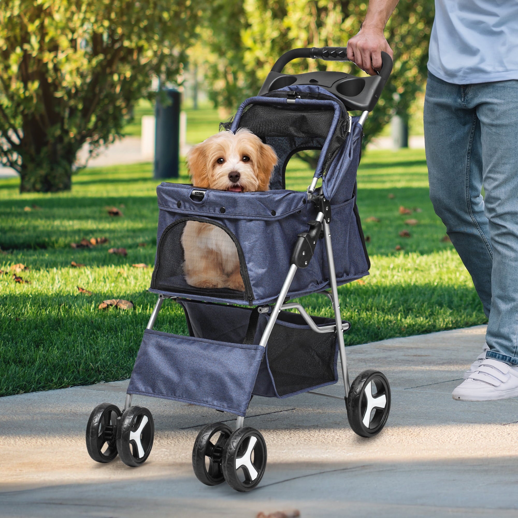 Dextrus 4-Wheel Foldable Dog Stroller with Storage Basket & 360° Rotating Wheels – Lightweight Pet Stroller for Small to Medium Dogs and Cats, Black