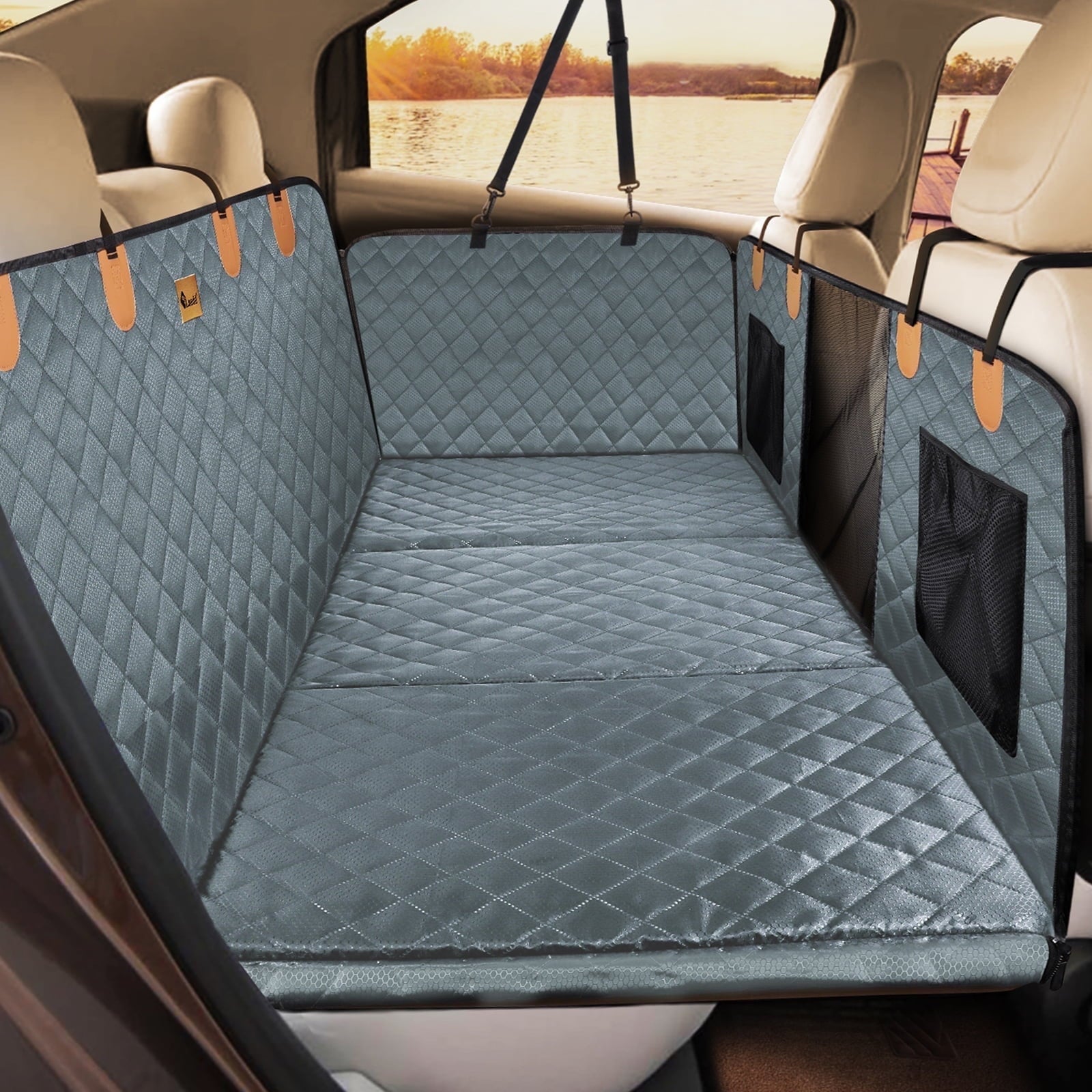 Dog Car Seat Large Size Dog with Hard Bottom,FurLove Waterproof Dog Hammock, Duty Scratch Proof Nonslip Durable with Mesh Window & Pocket, Covers for Cars Trucks, and SUVs, Gray