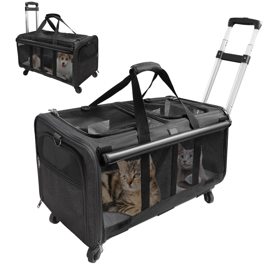 ELEGX Double-Compartment Pet Rolling Carrier with Wheels for 2 Pets,for Up to 35 LBS,Cat Rolling Carrier for 2 Cats,Super Ventilated Design,Ideal for Traveling/Hiking /Camping