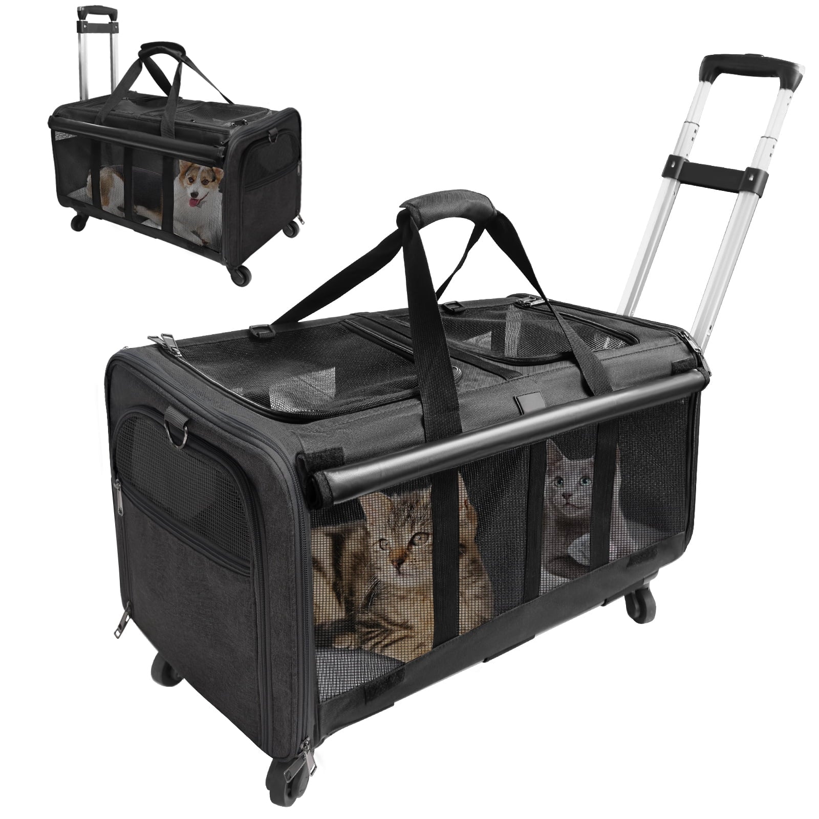 ELEGX Double-Compartment Pet Rolling Carrier with Wheels for 2 Pets,for Up to 35 LBS,Cat Rolling Carrier for 2 Cats,Super Ventilated Design,Ideal for Traveling/Hiking /Camping