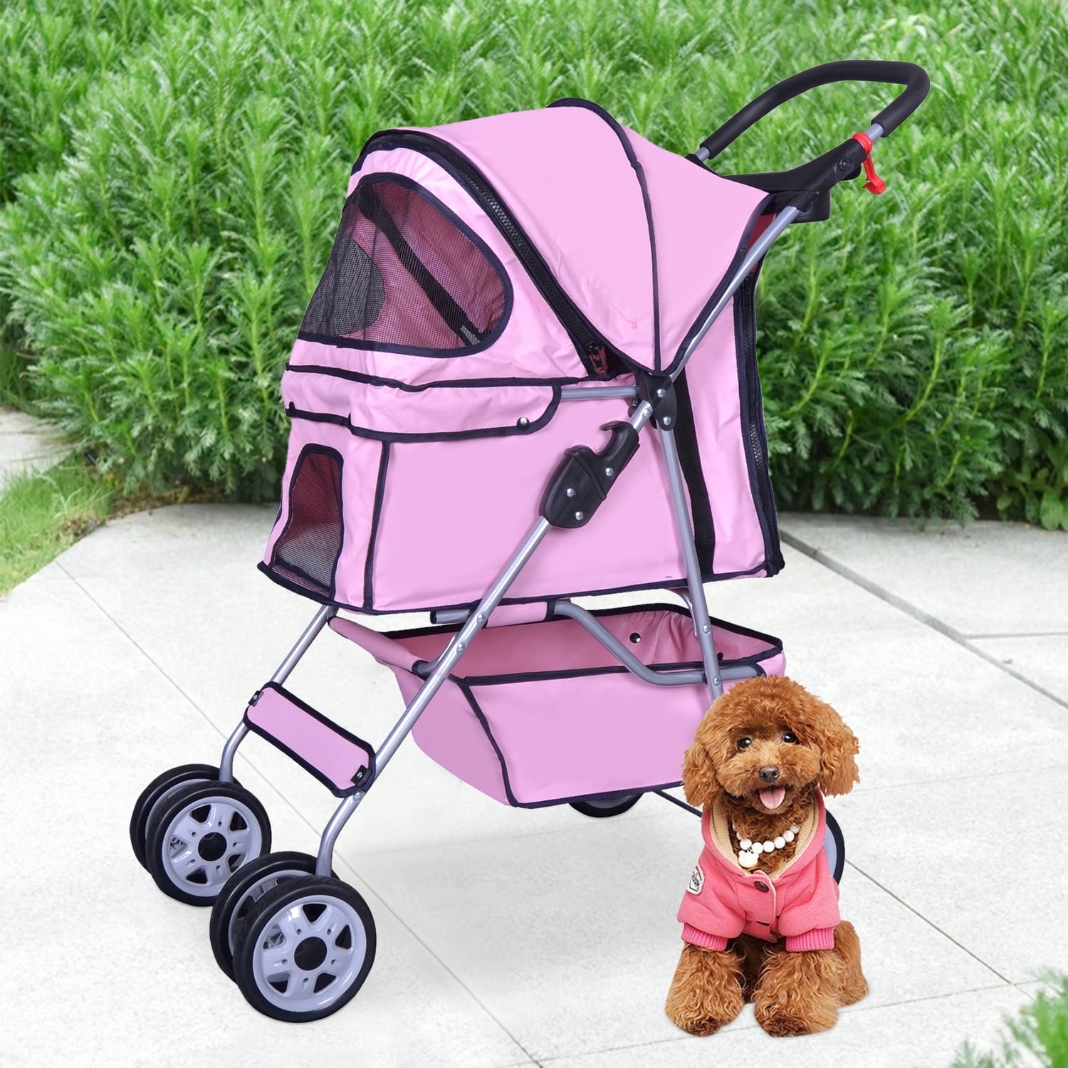 4 Wheels Pet Stroller Foldable Dog Stroller Cat Stroller with Storage Basket & Removable Liner, Travel Lite Foldable Carrier Strolling Cart for Dogs Cats, Black