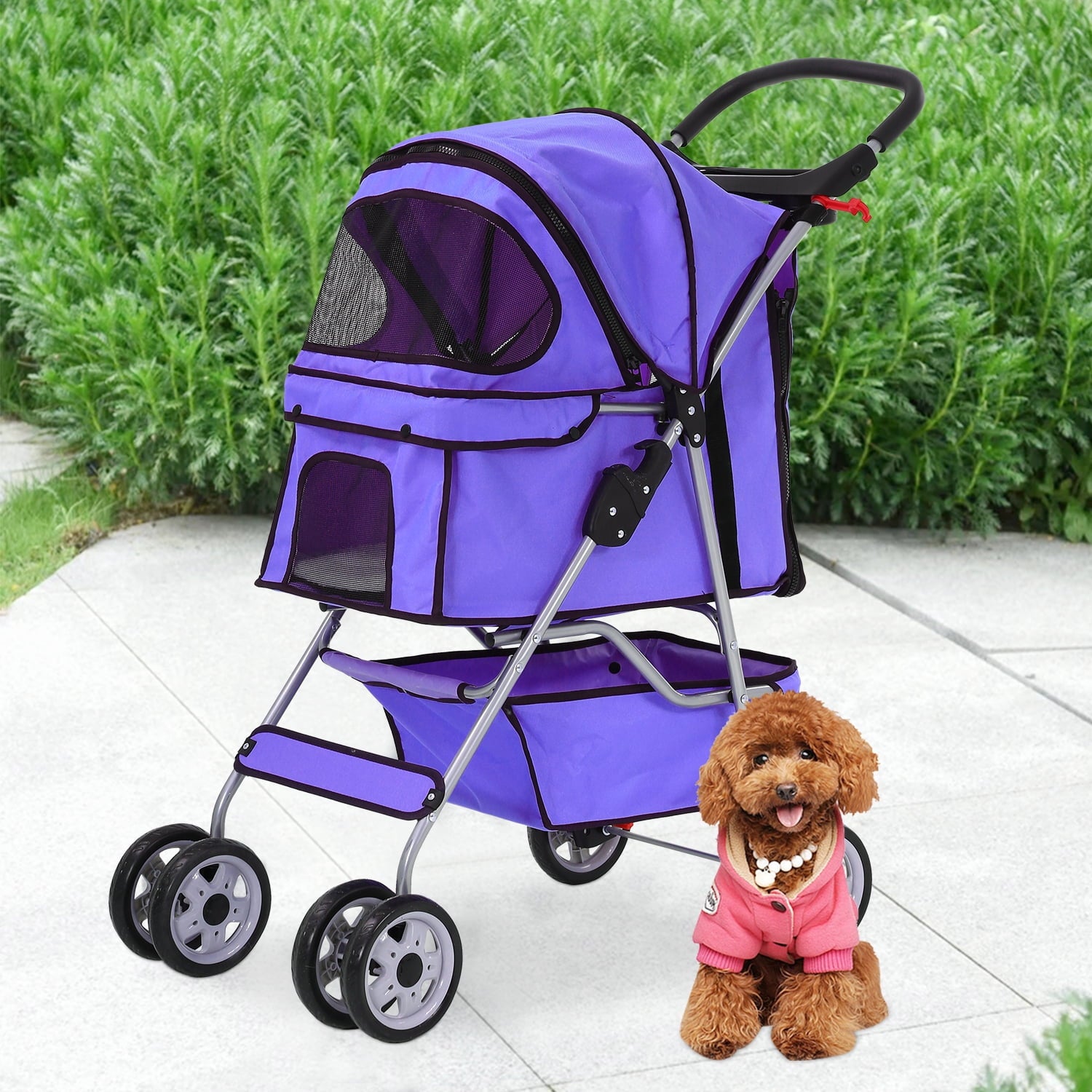 4 Wheels Pet Stroller Foldable Dog Stroller Cat Stroller with Storage Basket & Removable Liner, Travel Lite Foldable Carrier Strolling Cart for Dogs Cats, Black