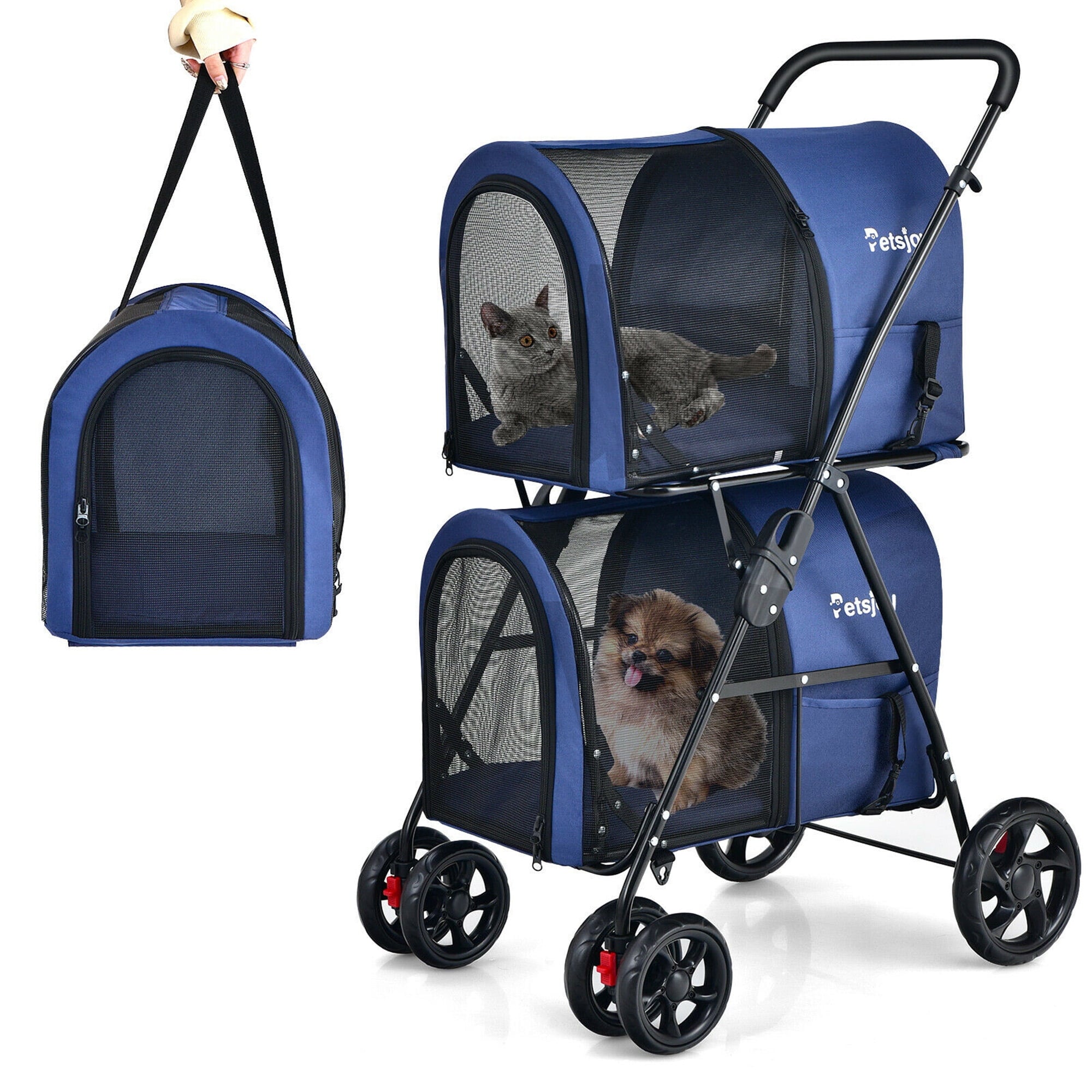 Gymax 4-in-1 Double Pet Stroller w/ Detachable Carrier Travel Carriage for Cats Beige