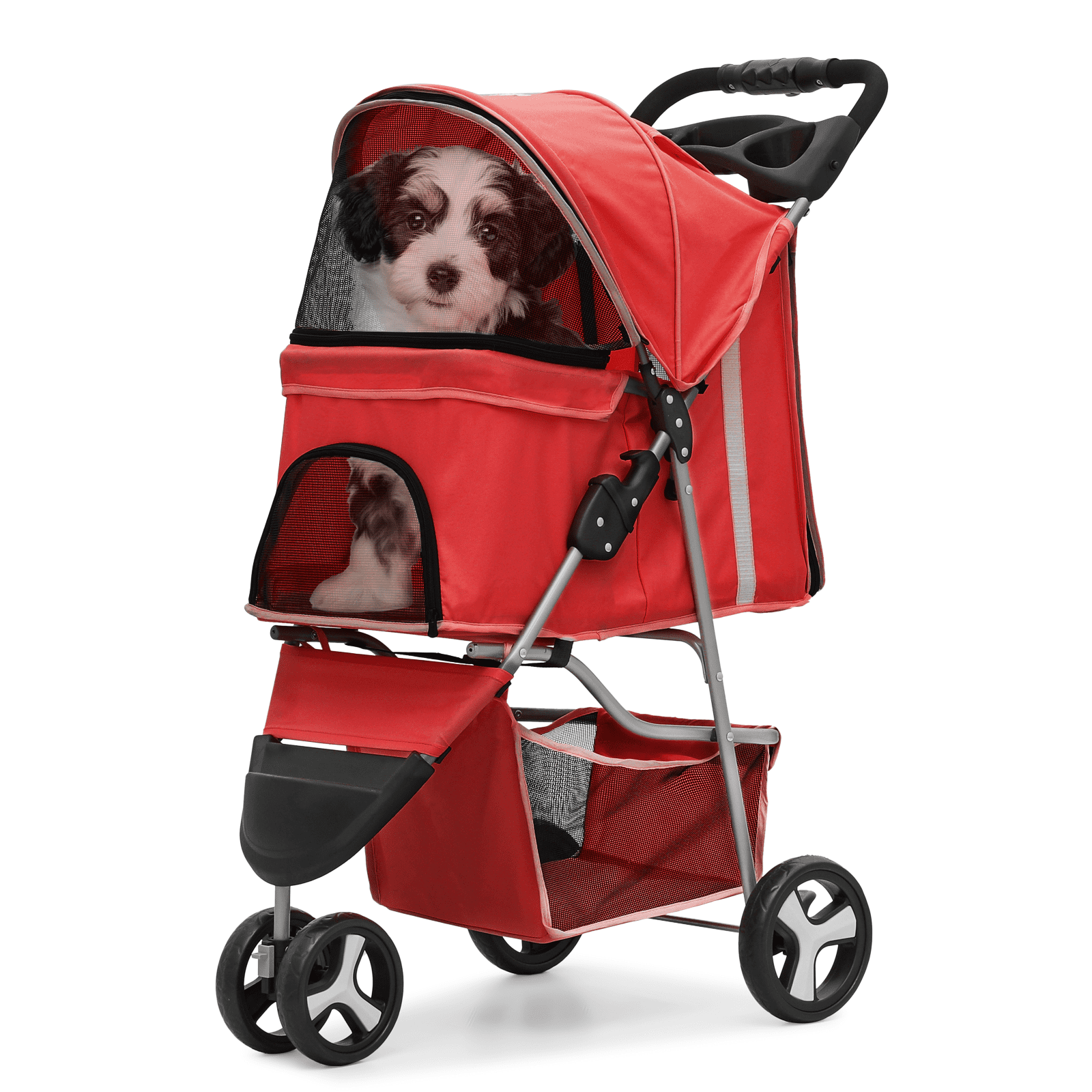 Magshion Foldable Pet Dog Stroller with Wheels, Cat Dog Stroller with Storage Basket and Cup Holder for Small and Medium Cats, Dogs, Puppy, Navy Blue