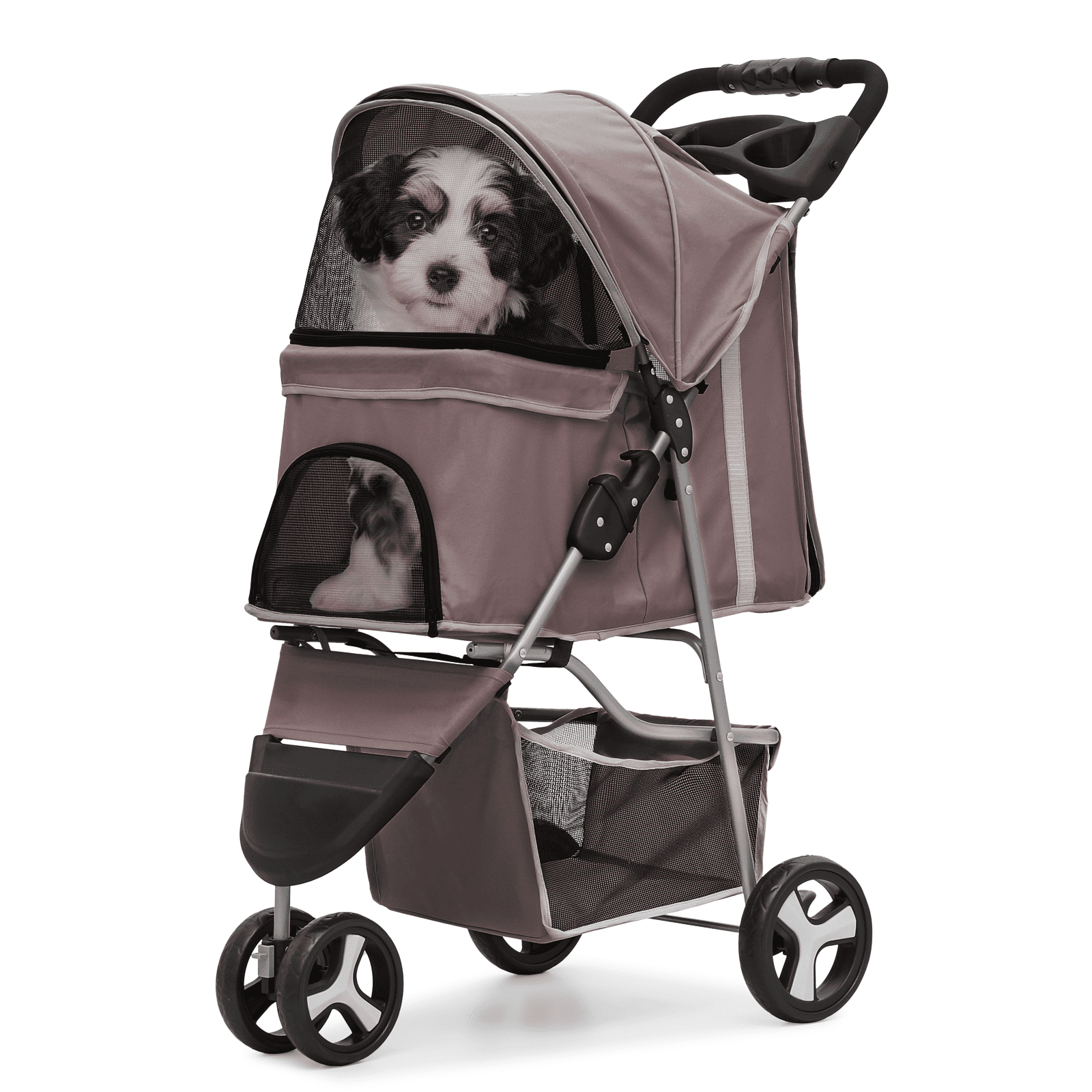 Magshion Foldable Pet Dog Stroller with Wheels, Cat Dog Stroller with Storage Basket and Cup Holder for Small and Medium Cats, Dogs, Puppy, Navy Blue