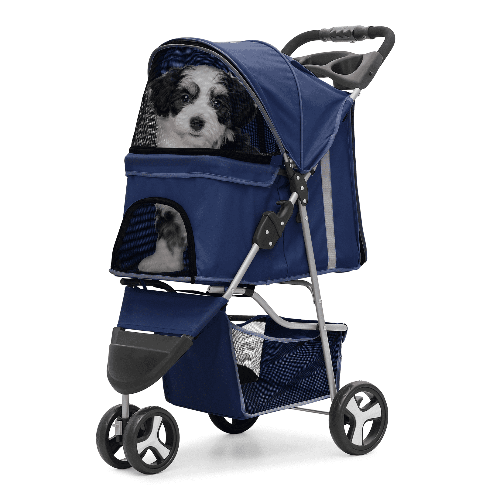 Magshion Foldable Pet Dog Stroller with Wheels, Cat Dog Stroller with Storage Basket and Cup Holder for Small and Medium Cats, Dogs, Puppy, Navy Blue