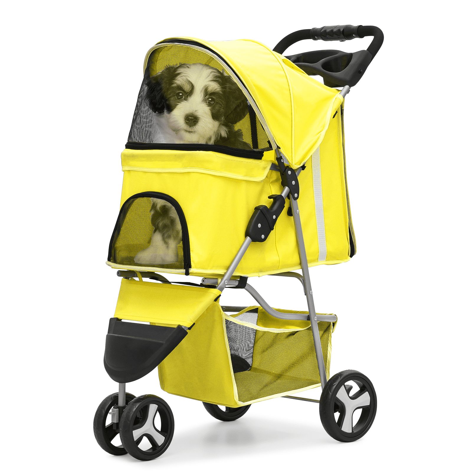 Magshion Foldable Pet Dog Stroller with Wheels, Cat Dog Stroller with Storage Basket and Cup Holder for Small and Medium Cats, Dogs, Puppy, Navy Blue