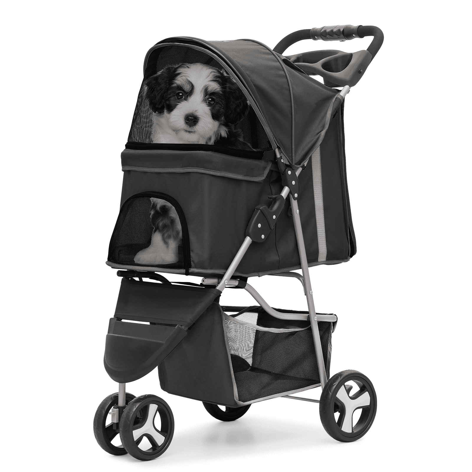 Magshion Foldable Pet Dog Stroller with Wheels, Cat Dog Stroller with Storage Basket and Cup Holder for Small and Medium Cats, Dogs, Puppy, Navy Blue