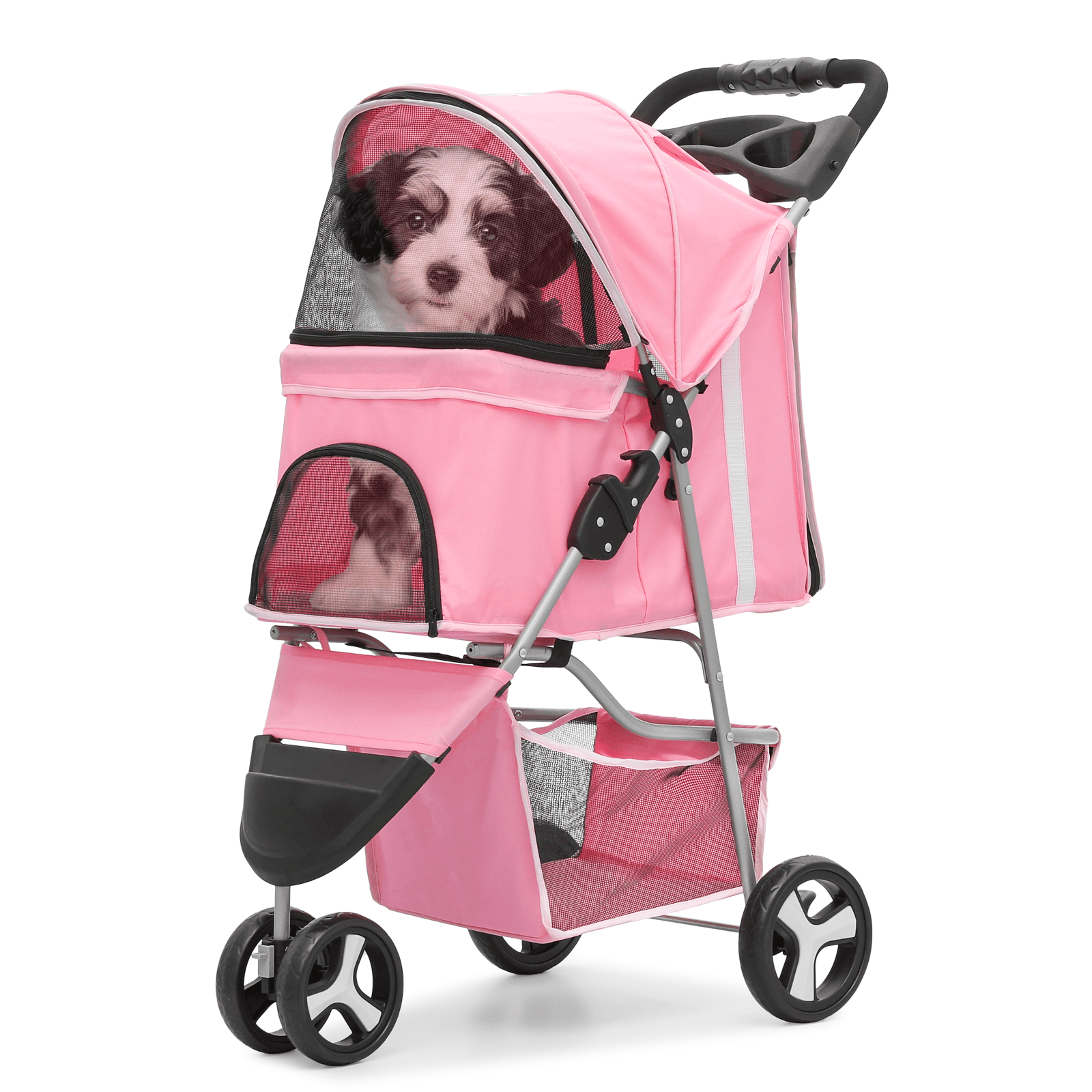 Magshion Foldable Pet Dog Stroller with Wheels, Cat Dog Stroller with Storage Basket and Cup Holder for Small and Medium Cats, Dogs, Puppy, Navy Blue