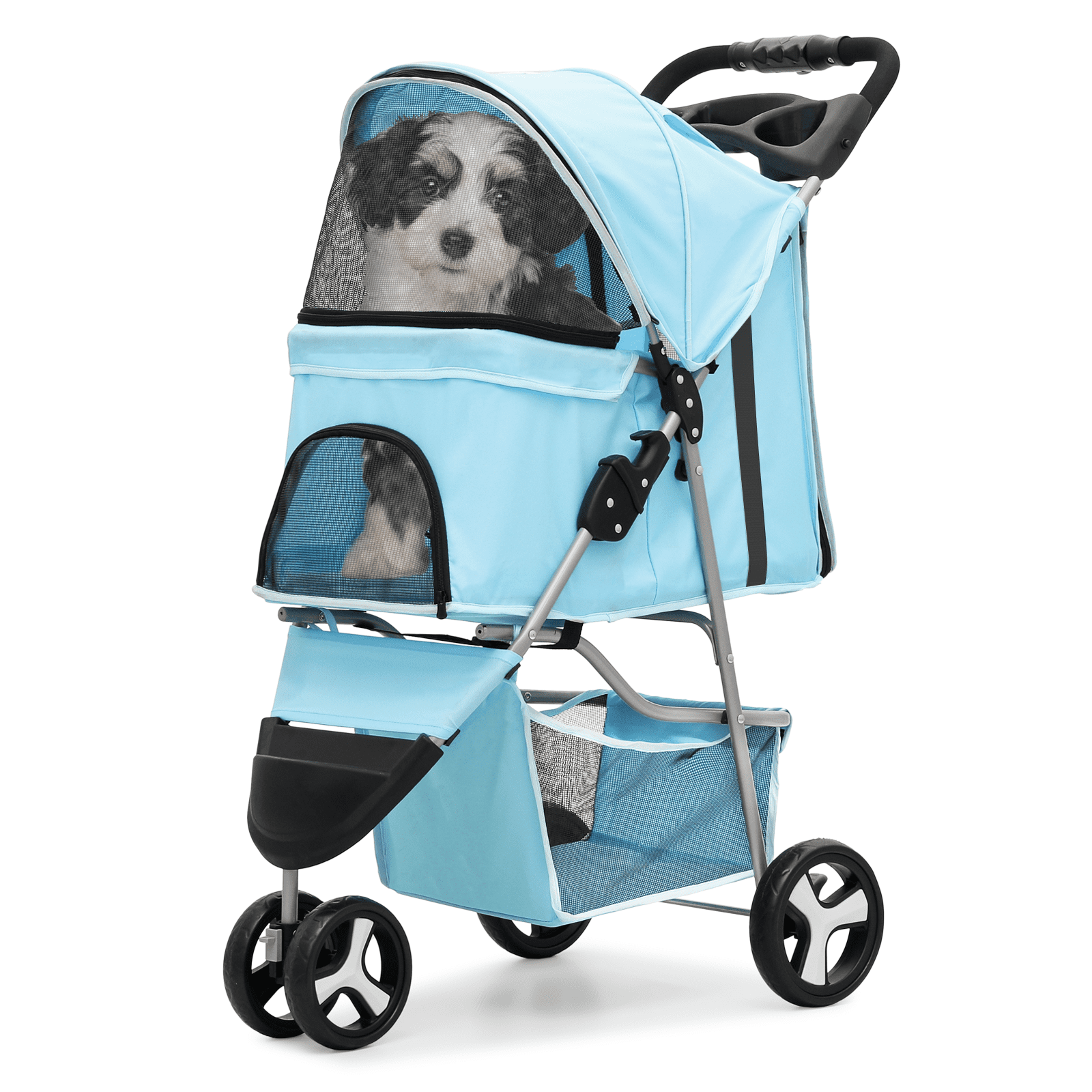 Magshion Foldable Pet Dog Stroller with Wheels, Cat Dog Stroller with Storage Basket and Cup Holder for Small and Medium Cats, Dogs, Puppy, Navy Blue