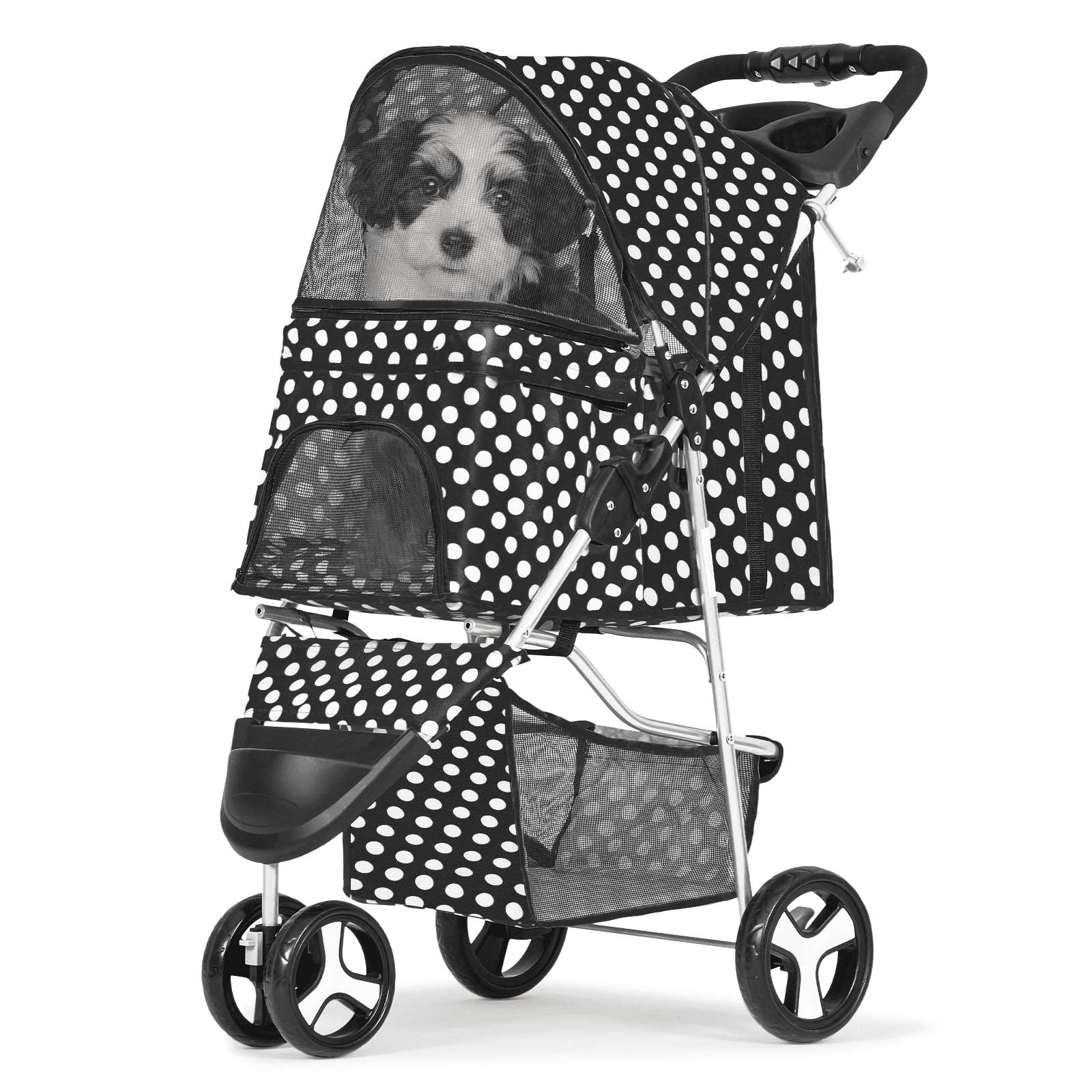 Magshion Foldable Pet Dog Stroller with Wheels, Cat Dog Stroller with Storage Basket and Cup Holder for Small and Medium Cats, Dogs, Puppy, Navy Blue