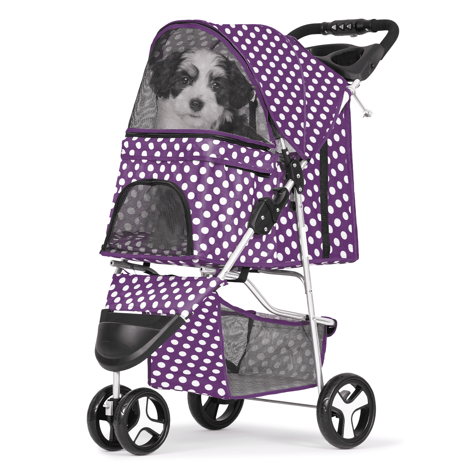 Magshion Foldable Pet Dog Stroller with Wheels, Cat Dog Stroller with Storage Basket and Cup Holder for Small and Medium Cats, Dogs, Puppy, Navy Blue