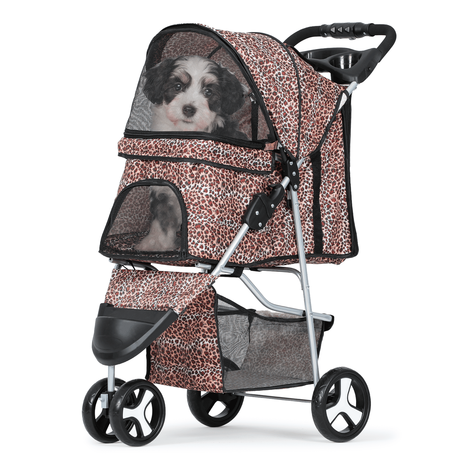 Magshion Foldable Pet Dog Stroller with Wheels, Cat Dog Stroller with Storage Basket and Cup Holder for Small and Medium Cats, Dogs, Puppy, Navy Blue
