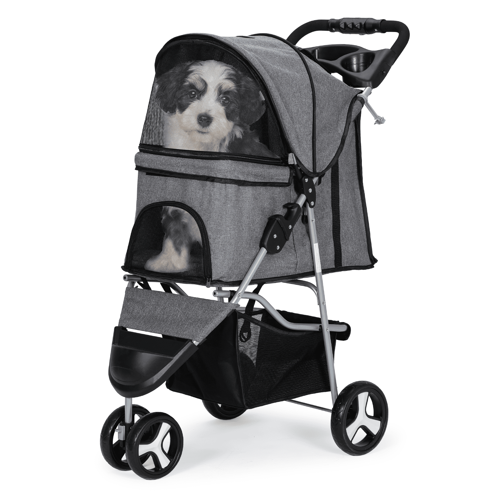 Magshion Foldable Pet Dog Stroller with Wheels, Cat Dog Stroller with Storage Basket and Cup Holder for Small and Medium Cats, Dogs, Puppy, Navy Blue