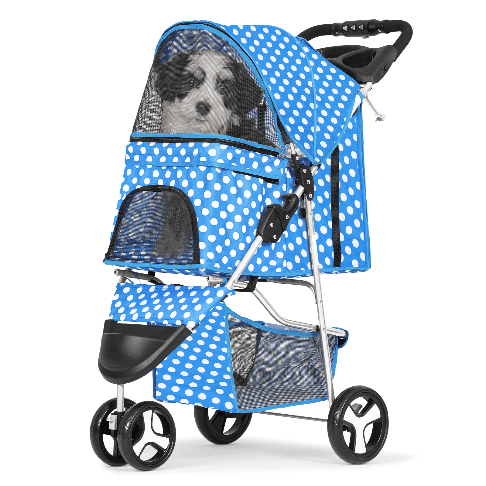 Magshion Foldable Pet Dog Stroller with Wheels, Cat Dog Stroller with Storage Basket and Cup Holder for Small and Medium Cats, Dogs, Puppy, Navy Blue