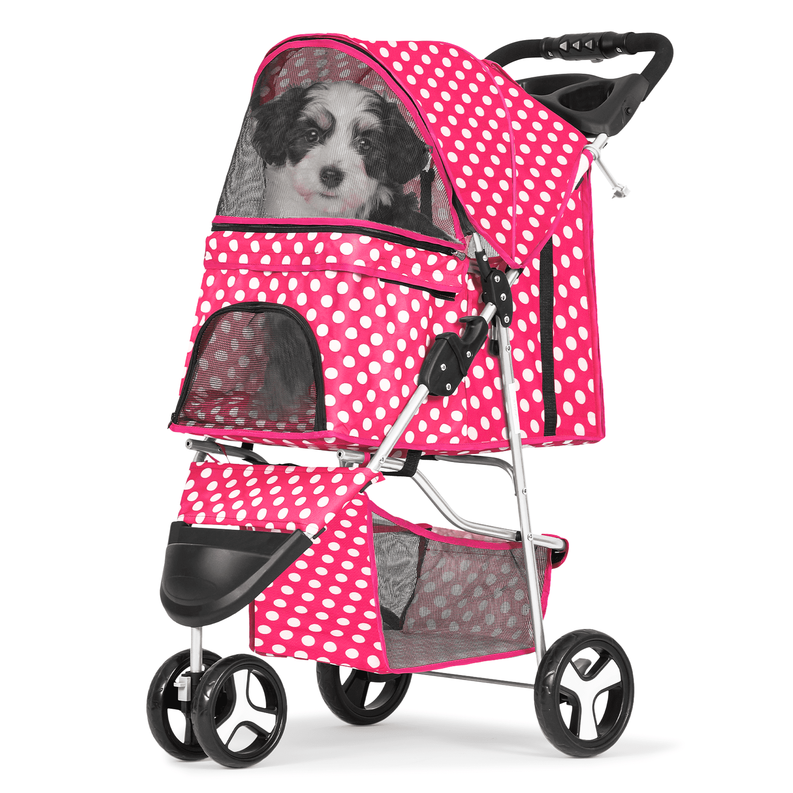Magshion Foldable Pet Dog Stroller with Wheels, Cat Dog Stroller with Storage Basket and Cup Holder for Small and Medium Cats, Dogs, Puppy, Navy Blue