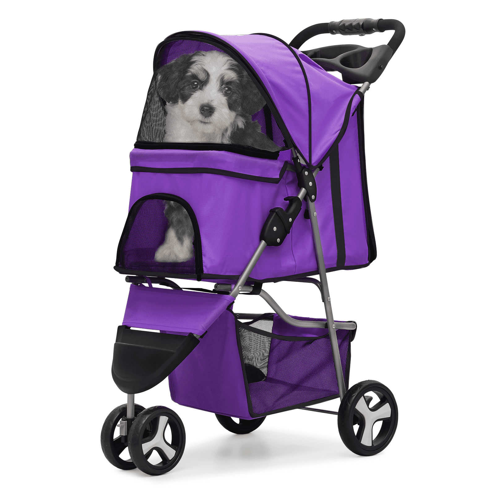 Magshion Foldable Pet Dog Stroller with Wheels, Cat Dog Stroller with Storage Basket and Cup Holder for Small and Medium Cats, Dogs, Puppy, Navy Blue