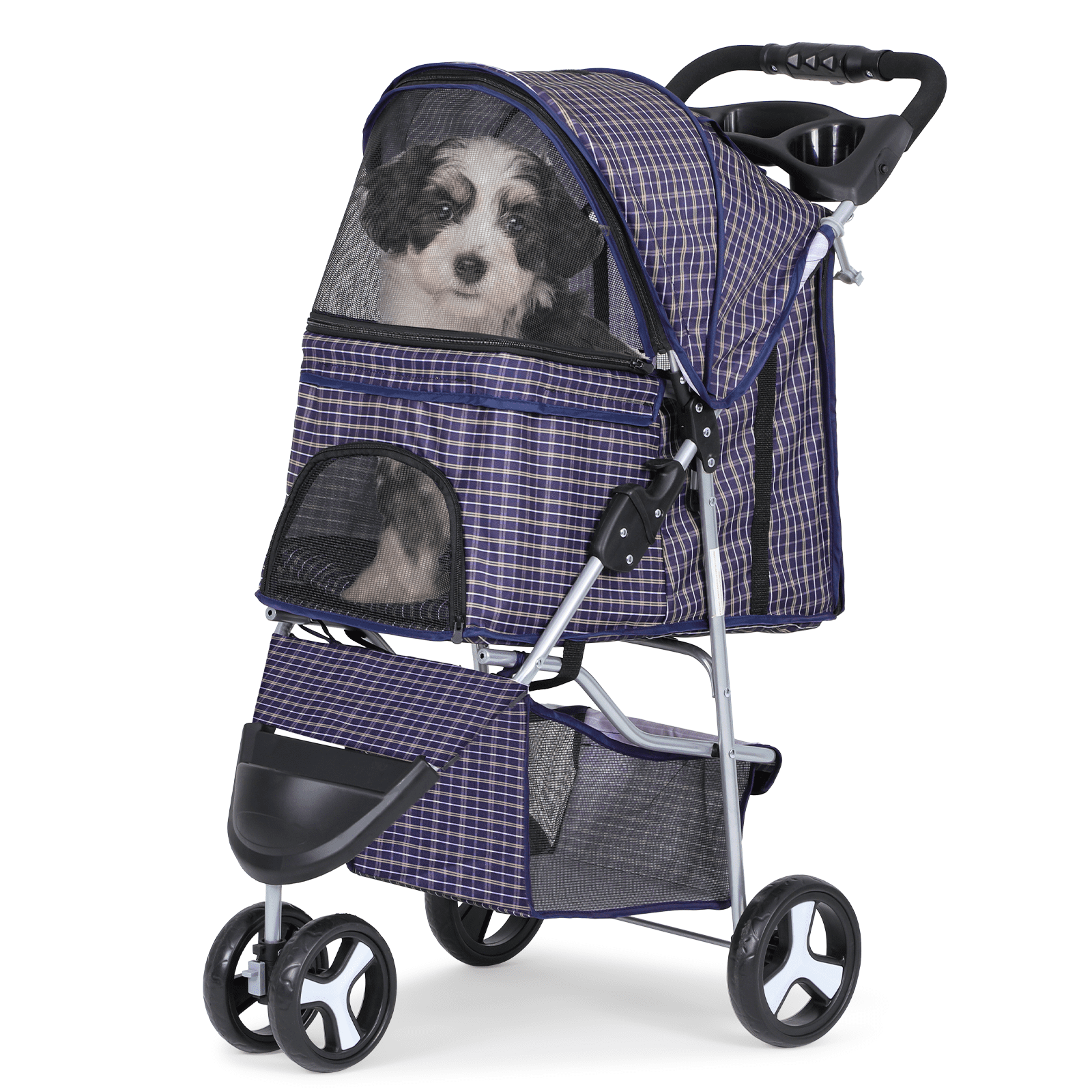 Magshion Foldable Pet Dog Stroller with Wheels, Cat Dog Stroller with Storage Basket and Cup Holder for Small and Medium Cats, Dogs, Puppy, Navy Blue