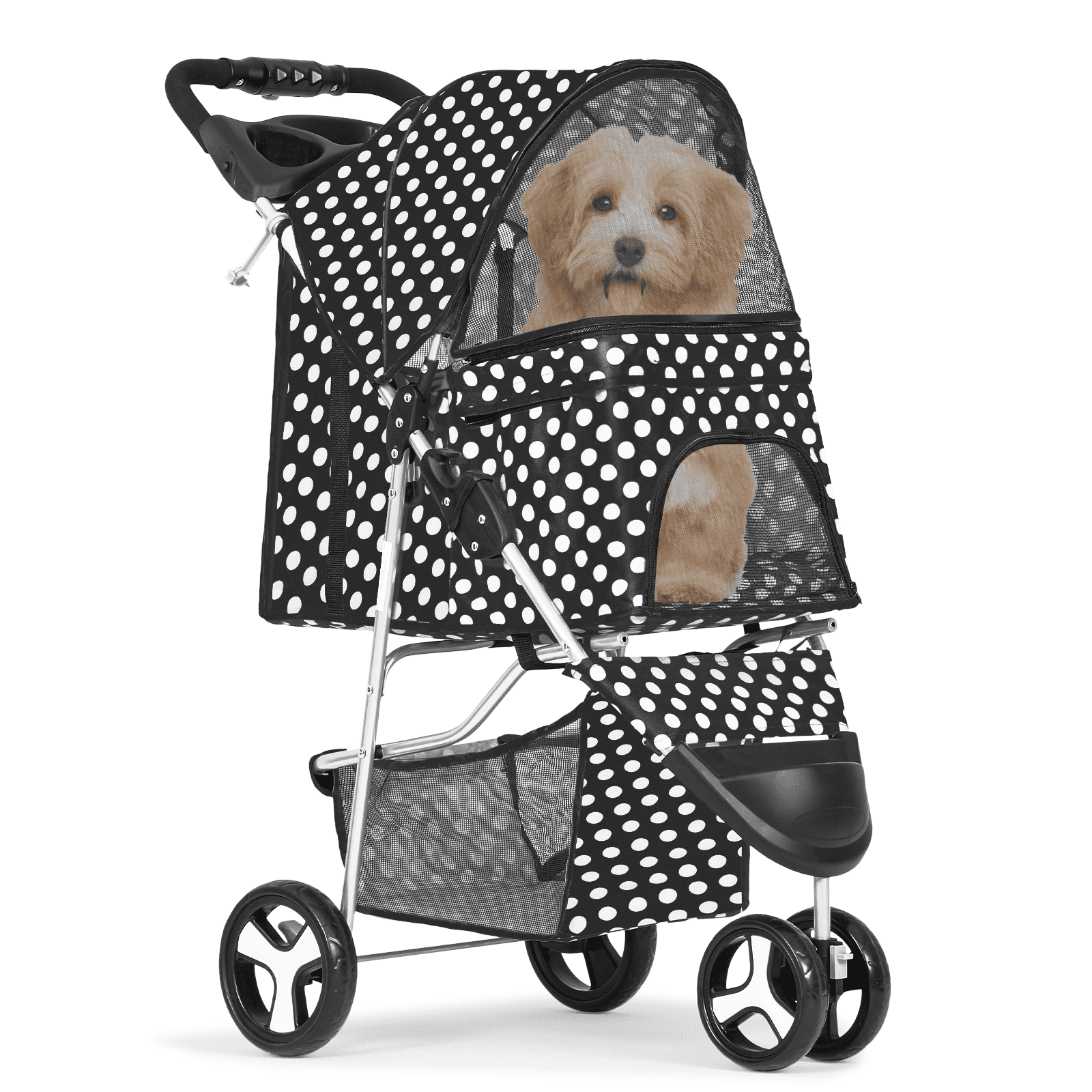 MoNiBloom Pet Dog Stroller, 3 Wheels Foldable Dog Cat Strollers with Storage Basket and Cup Holder for Small and Medium Cats, Dogs, Puppies, Black