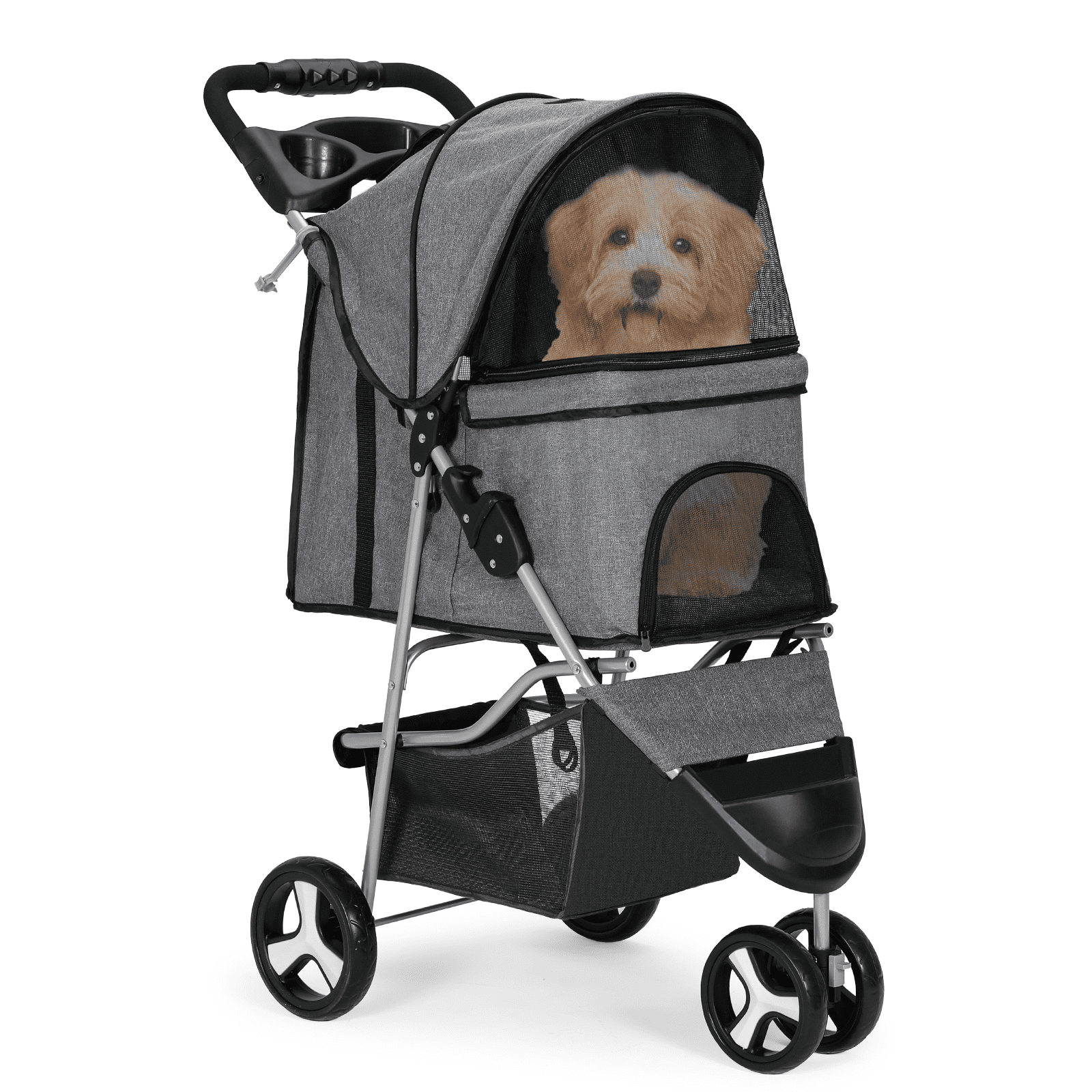MoNiBloom Pet Dog Stroller, 3 Wheels Foldable Dog Cat Strollers with Storage Basket and Cup Holder for Small and Medium Cats, Dogs, Puppies, Black