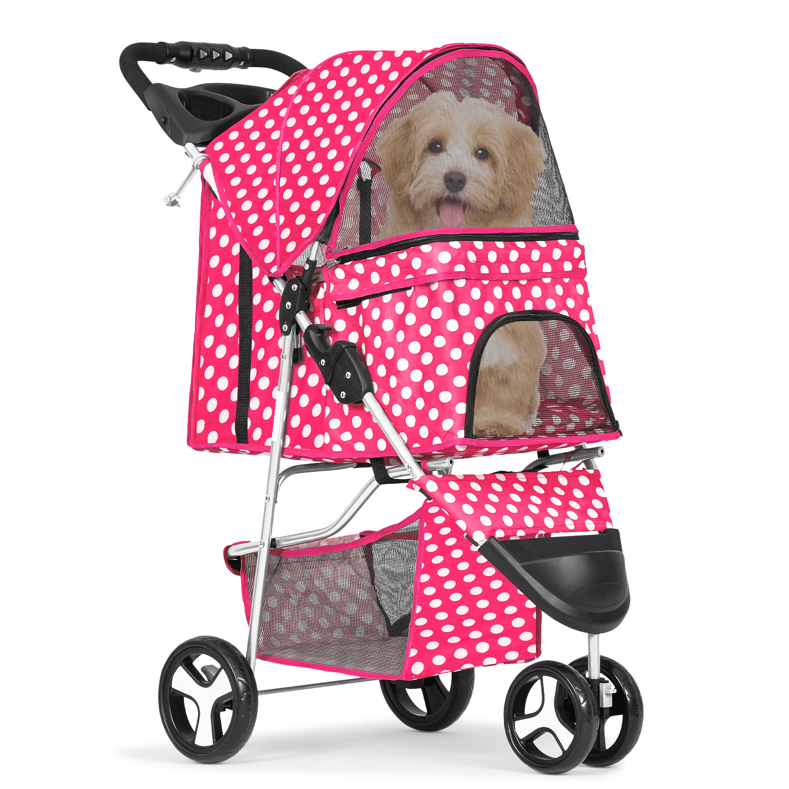 MoNiBloom Pet Dog Stroller, 3 Wheels Foldable Dog Cat Strollers with Storage Basket and Cup Holder for Small and Medium Cats, Dogs, Puppies, Black