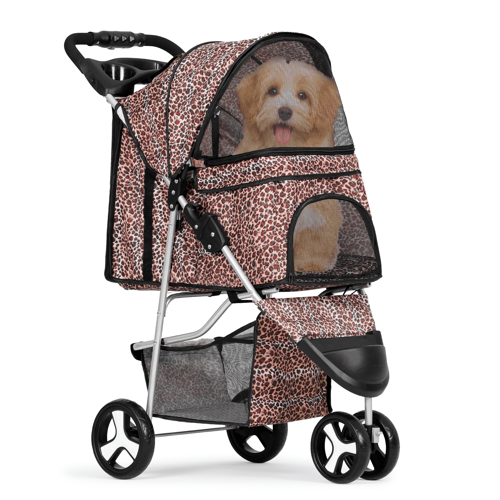 MoNiBloom Pet Dog Stroller, 3 Wheels Foldable Dog Cat Strollers with Storage Basket and Cup Holder for Small and Medium Cats, Dogs, Puppies, Black