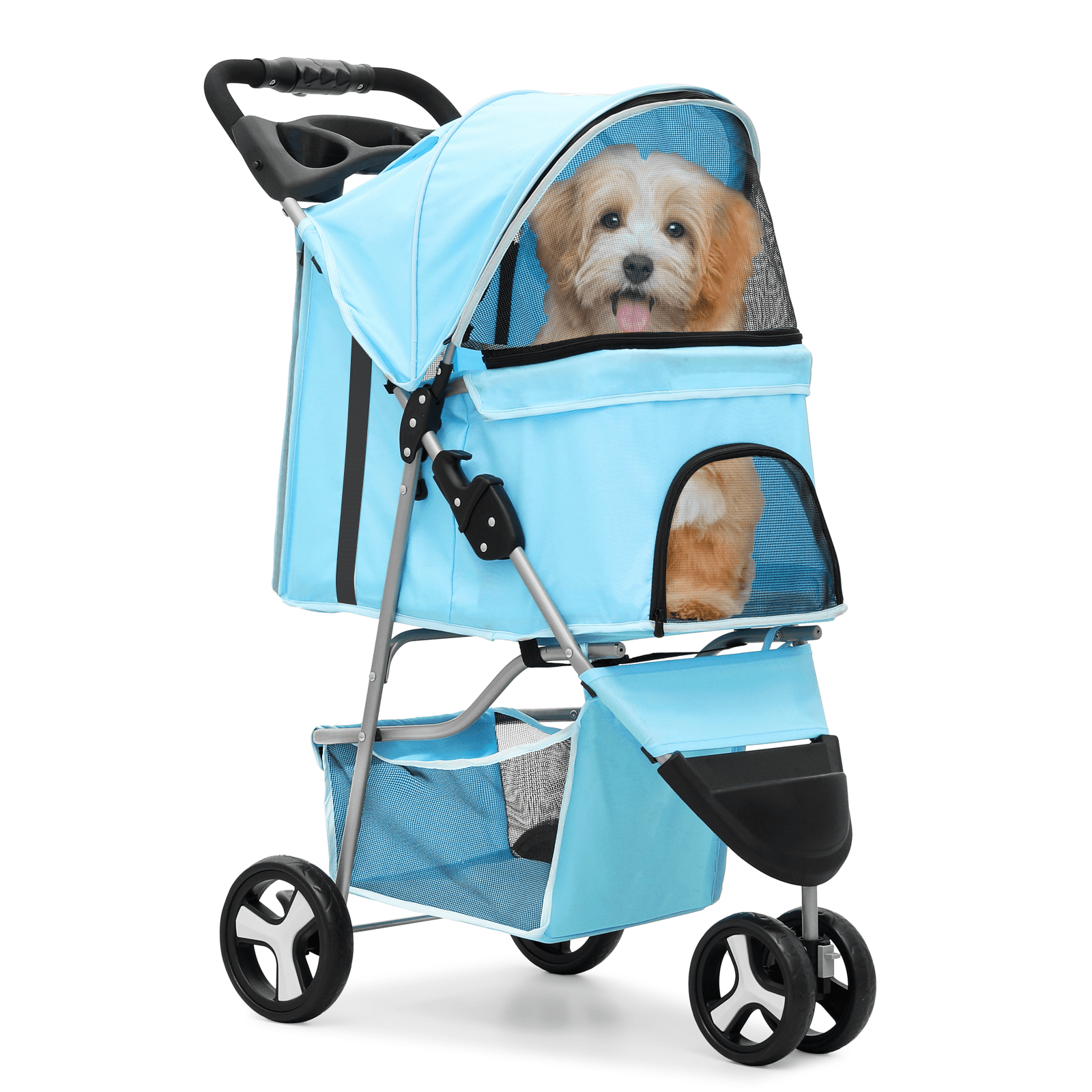 MoNiBloom Pet Dog Stroller, 3 Wheels Foldable Dog Cat Strollers with Storage Basket and Cup Holder for Small and Medium Cats, Dogs, Puppies, Black