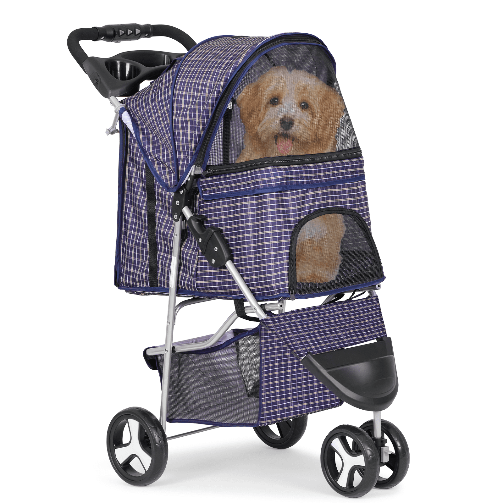 MoNiBloom Pet Dog Stroller, 3 Wheels Foldable Dog Cat Strollers with Storage Basket and Cup Holder for Small and Medium Cats, Dogs, Puppies, Black