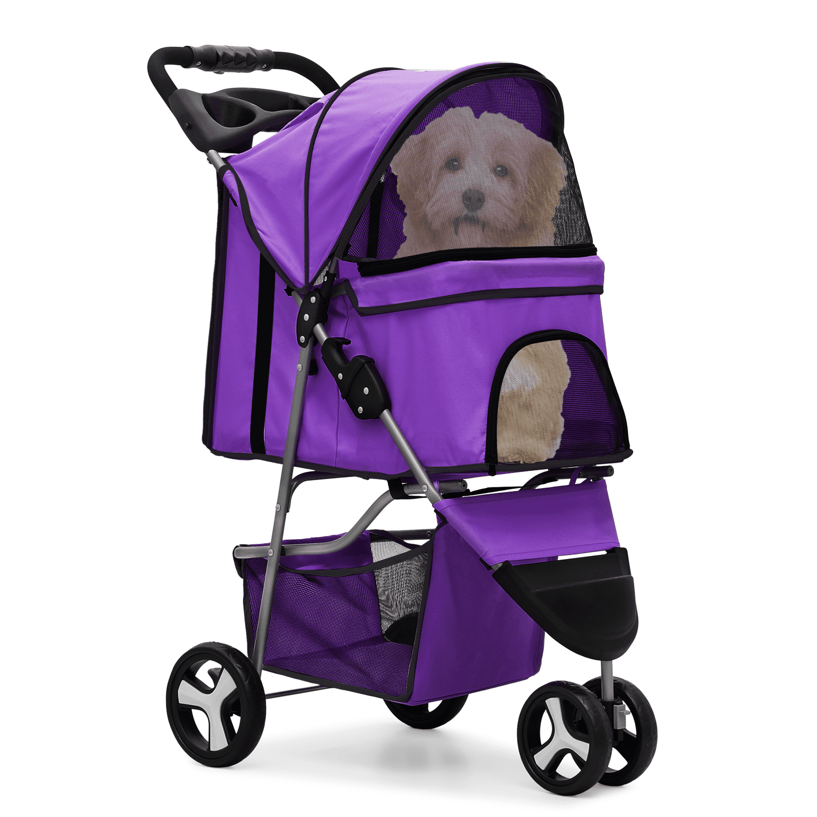MoNiBloom Pet Dog Stroller, 3 Wheels Foldable Dog Cat Strollers with Storage Basket and Cup Holder for Small and Medium Cats, Dogs, Puppies, Black