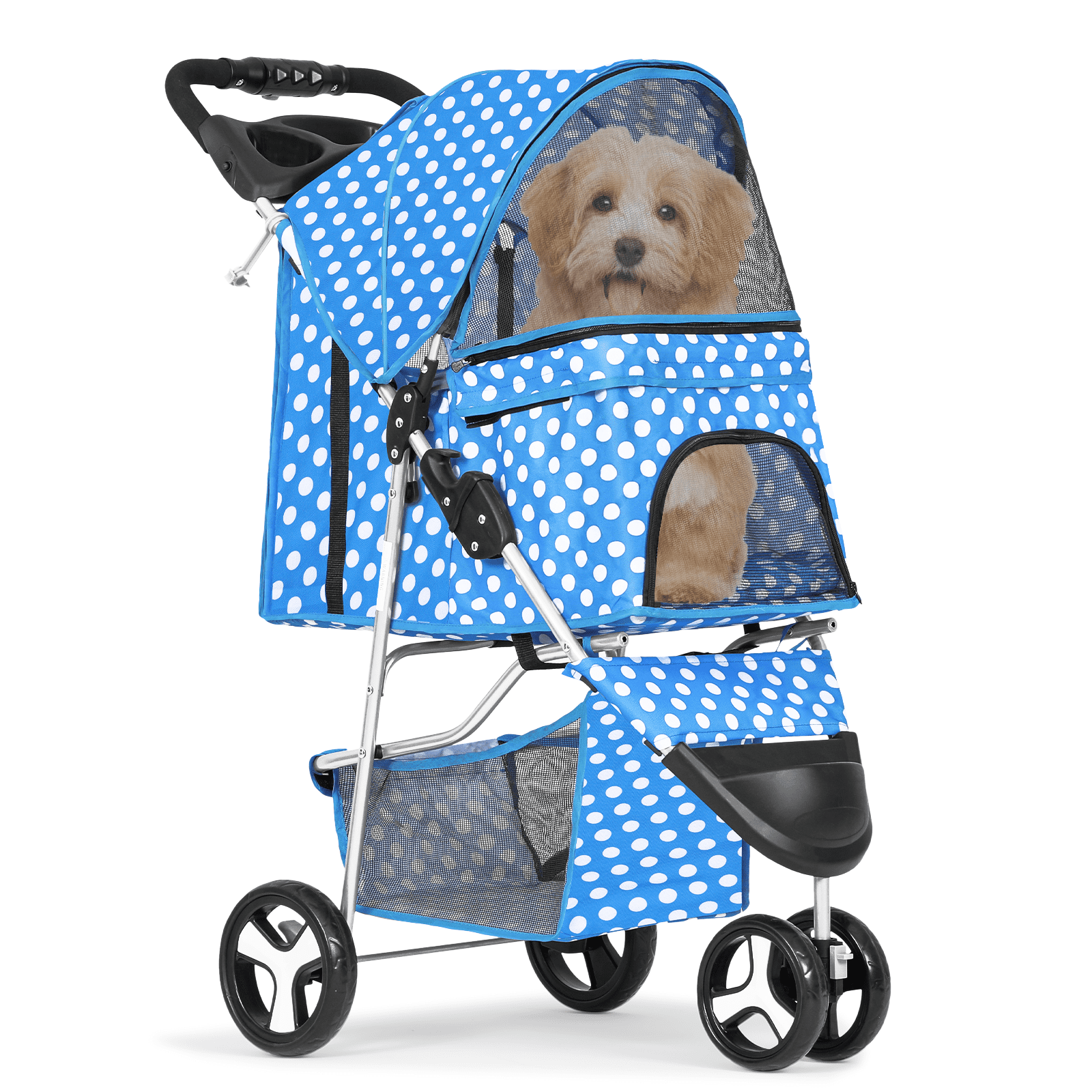 MoNiBloom Pet Dog Stroller, 3 Wheels Foldable Dog Cat Strollers with Storage Basket and Cup Holder for Small and Medium Cats, Dogs, Puppies, Black