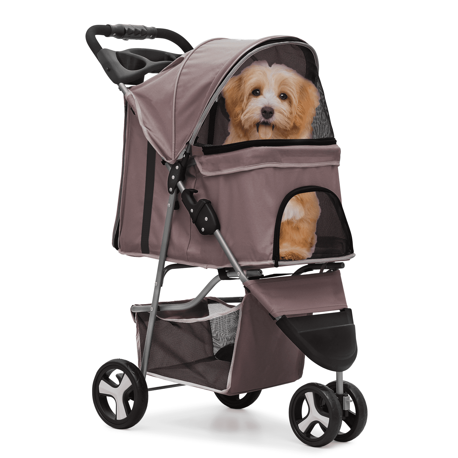 MoNiBloom Pet Dog Stroller, 3 Wheels Foldable Dog Cat Strollers with Storage Basket and Cup Holder for Small and Medium Cats, Dogs, Puppies, Black
