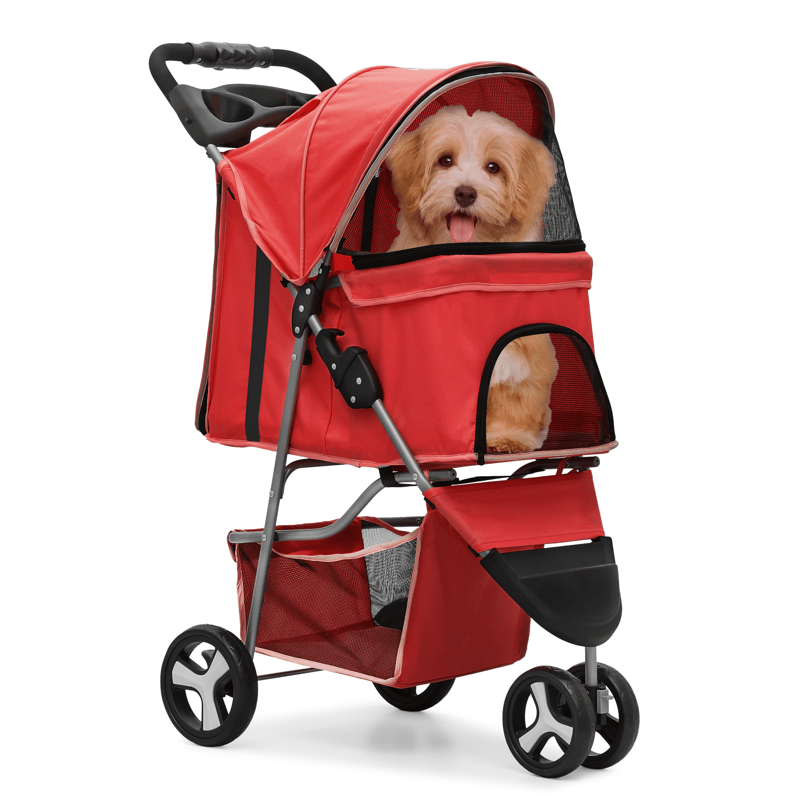 MoNiBloom Pet Dog Stroller, 3 Wheels Foldable Dog Cat Strollers with Storage Basket and Cup Holder for Small and Medium Cats, Dogs, Puppies, Black