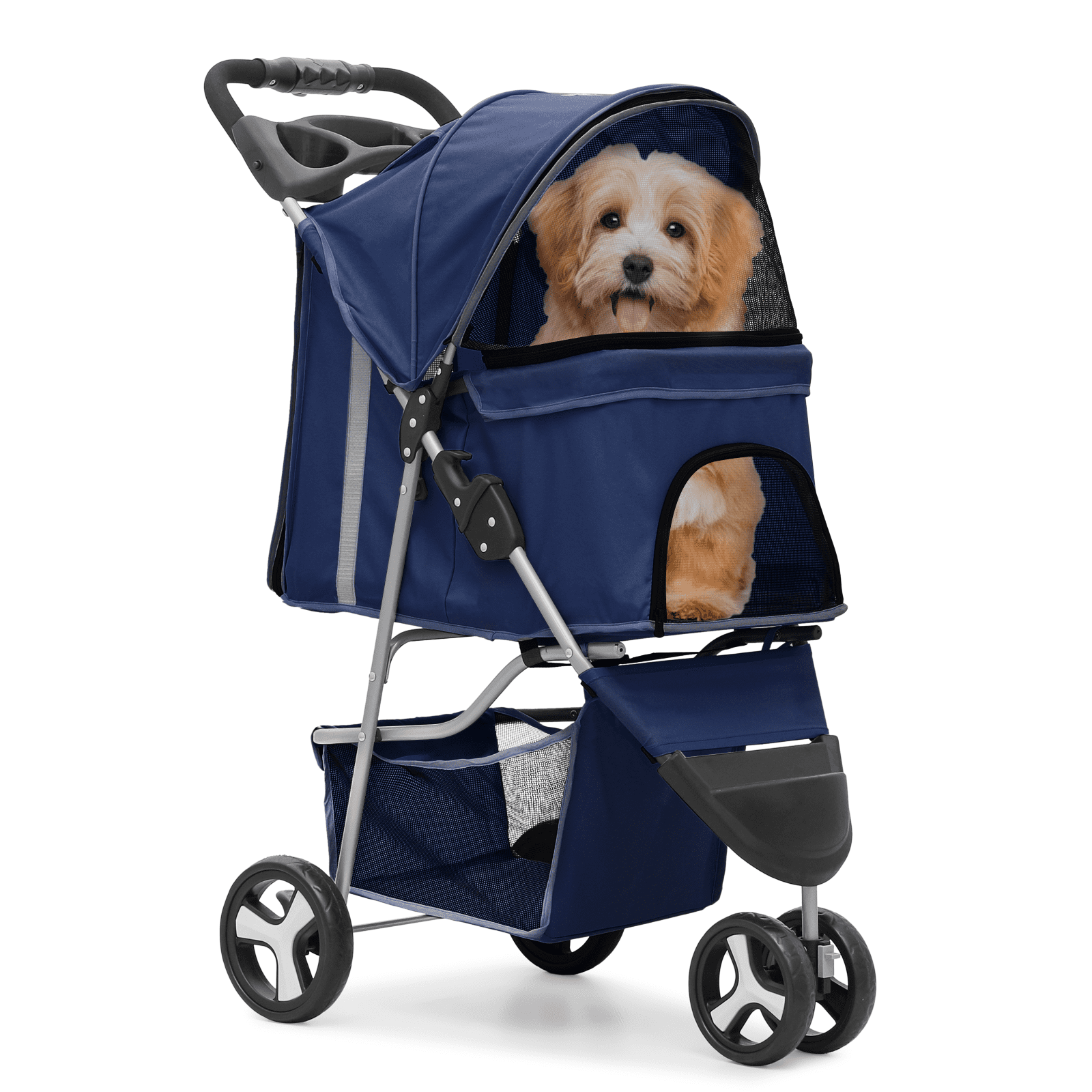 MoNiBloom Pet Dog Stroller, 3 Wheels Foldable Dog Cat Strollers with Storage Basket and Cup Holder for Small and Medium Cats, Dogs, Puppies, Black