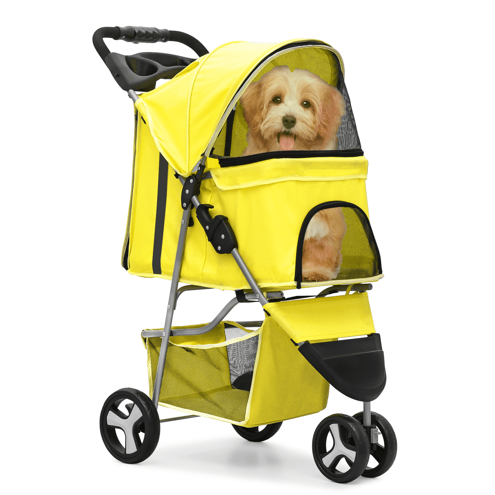 MoNiBloom Pet Dog Stroller, 3 Wheels Foldable Dog Cat Strollers with Storage Basket and Cup Holder for Small and Medium Cats, Dogs, Puppies, Black