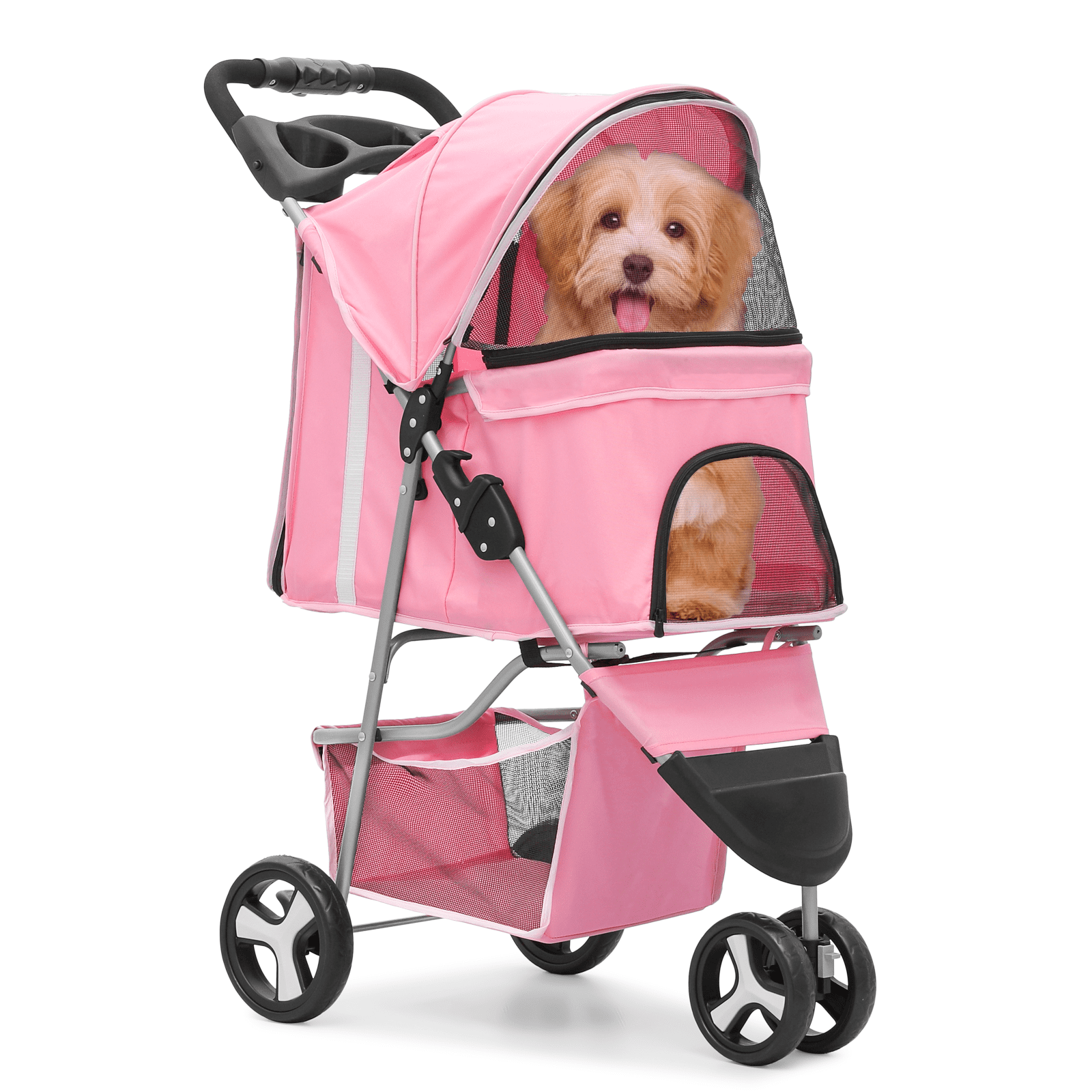 MoNiBloom Pet Dog Stroller, 3 Wheels Foldable Dog Cat Strollers with Storage Basket and Cup Holder for Small and Medium Cats, Dogs, Puppies, Black