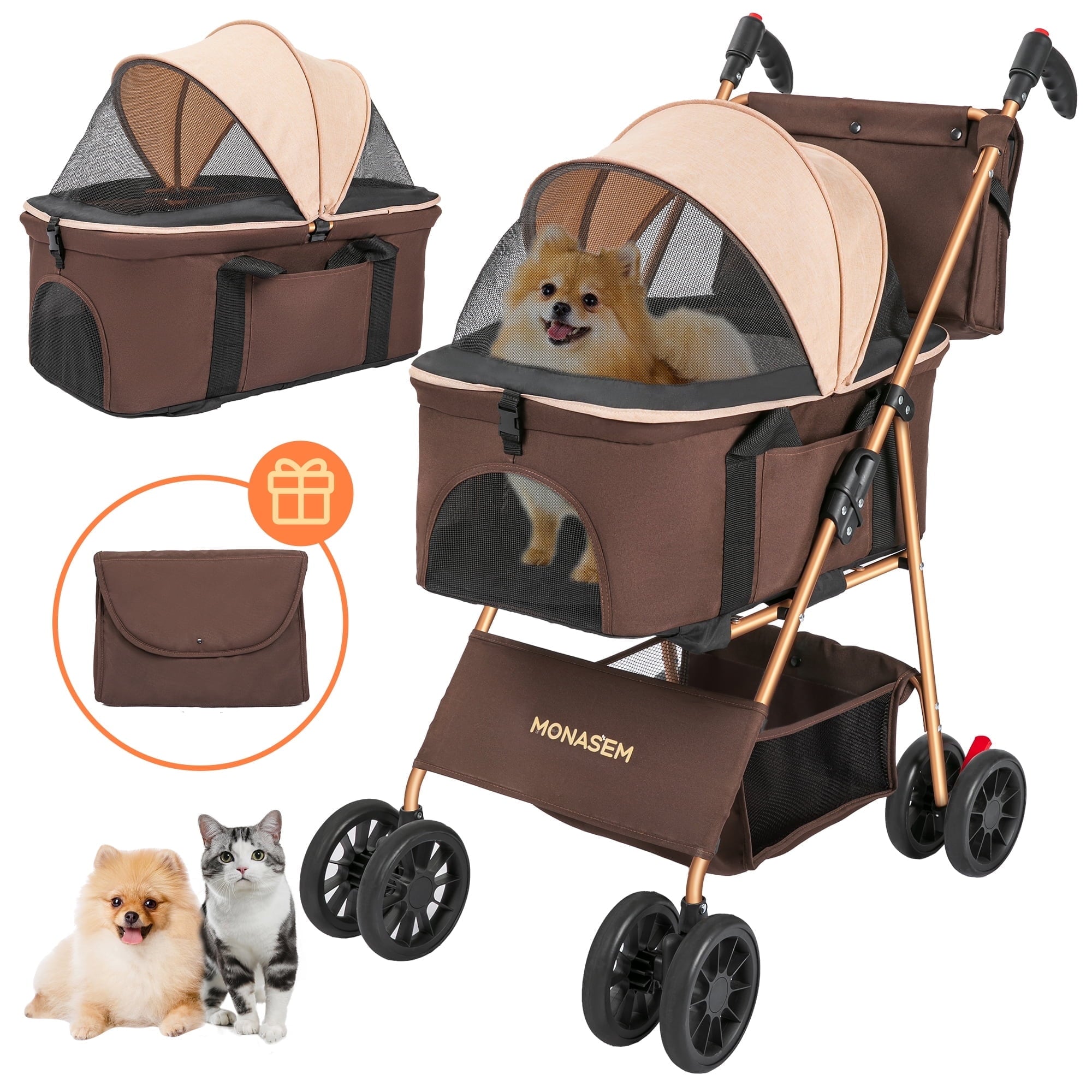 Monasem 4 Wheels Foldable Pet Stroller 3 in 1 with Waterproof Detachable Pets Travel Carrier for Small/Medium Dogs Cats up to 60lbs, Pink