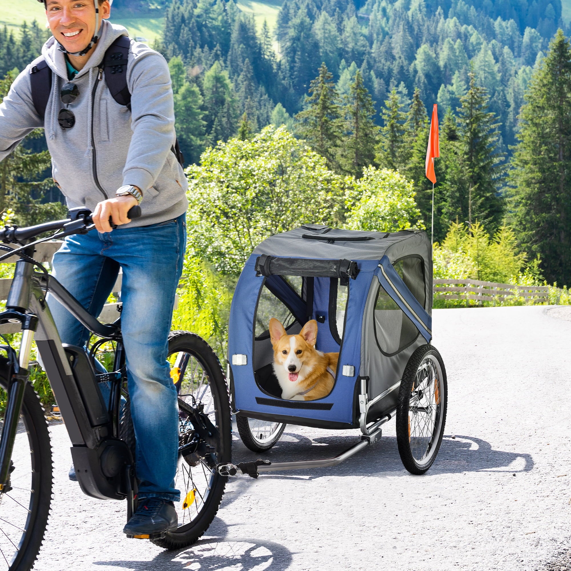 Aosom Dog Bike Trailer Pet Cart Bicycle Wagon Cargo Carrier Attachment for Travel with 3 Entrances Large Wheels & Mesh Screen - Red/ Black