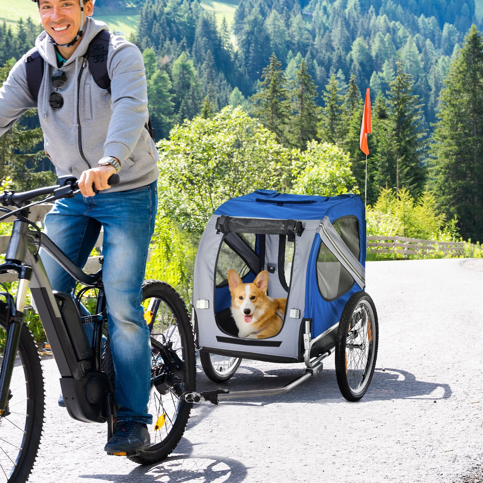 Aosom Dog Bike Trailer Pet Cart Bicycle Wagon Cargo Carrier Attachment for Travel with 3 Entrances Large Wheels & Mesh Screen - Red/ Black