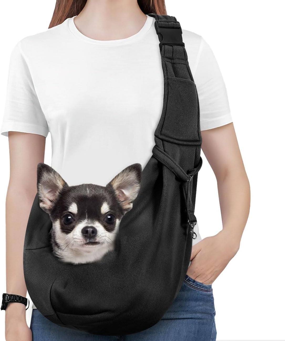 Pawaboo Dog Carrier Sling, Hand Free Dog Papoose with Adjustable Strap, Safety Leash for Puppies&Cats, Wider Shoulder Strap Pet Sling Bag (up to 12lbs, Black)