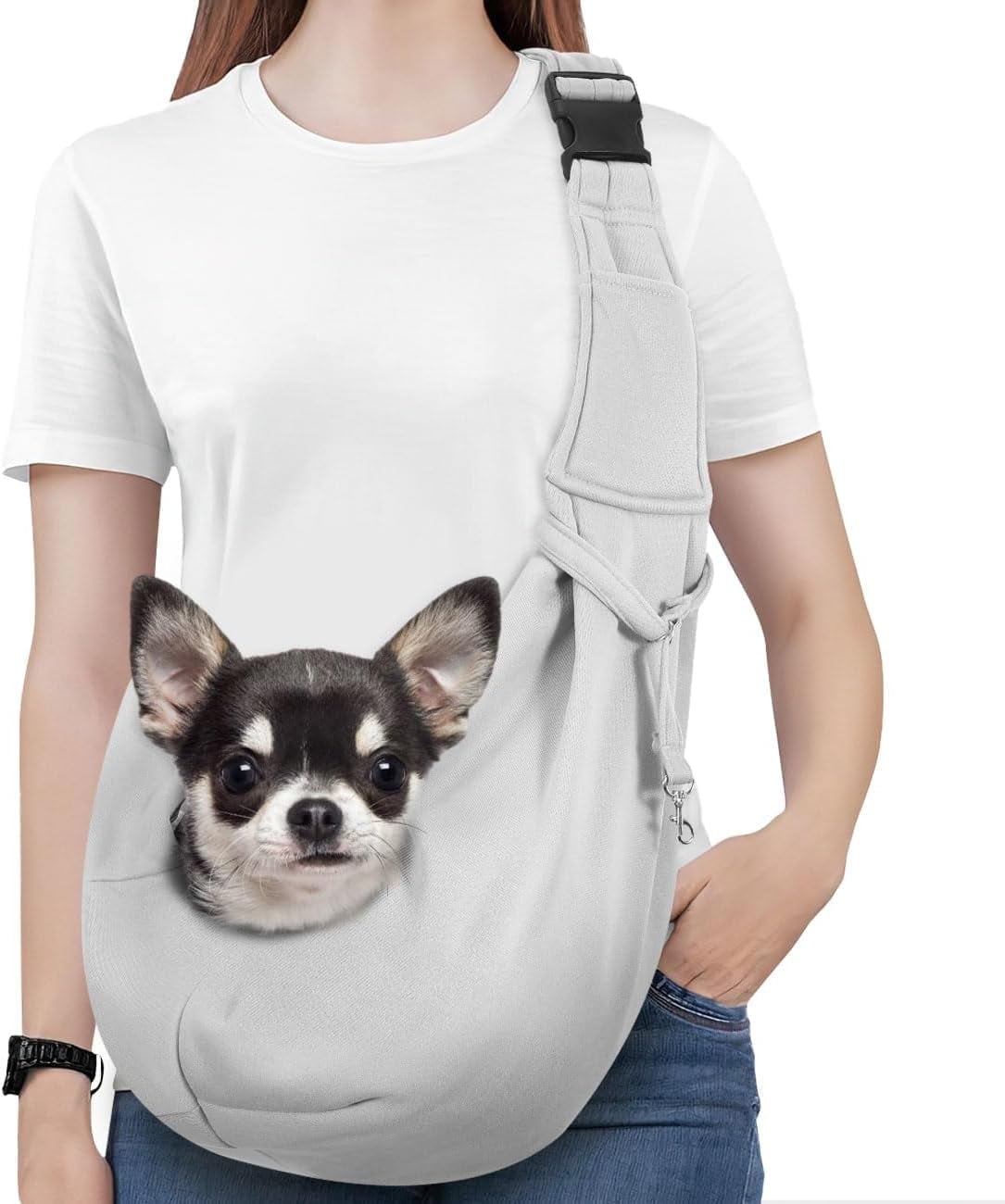 Pawaboo Dog Carrier Sling, Hand Free Dog Papoose with Adjustable Strap, Safety Leash for Puppies&Cats, Wider Shoulder Strap Pet Sling Bag (up to 12lbs, Black)